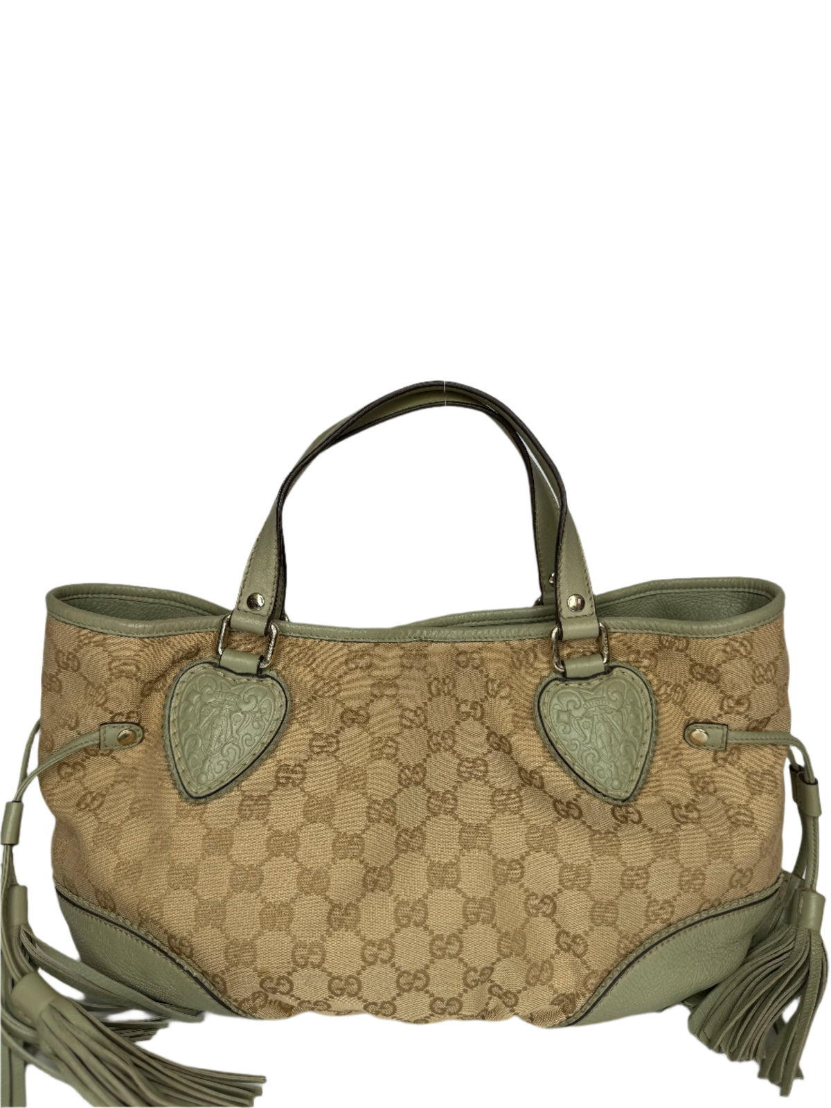Gucci Beige GG Canvas and Green Leather Tribeca Small Tote Bag