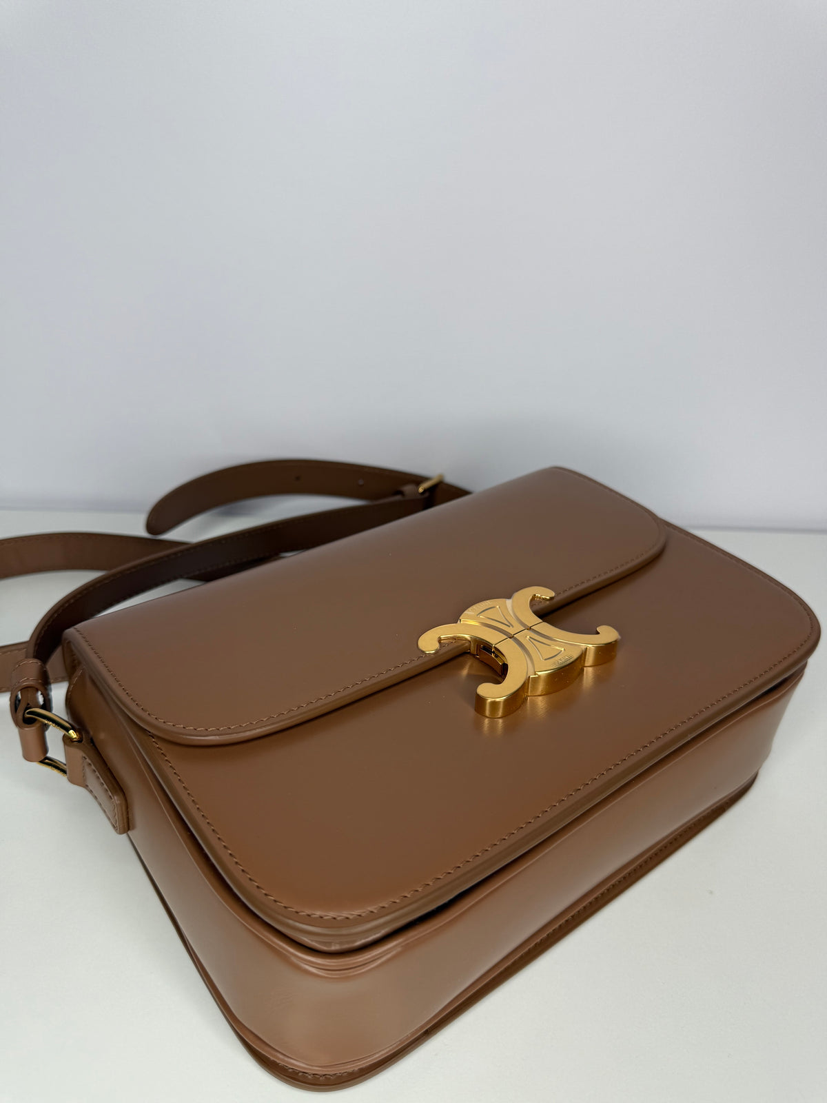 Celine Classique Triomphe Bag In Glazed Brown Shiny Calfskin