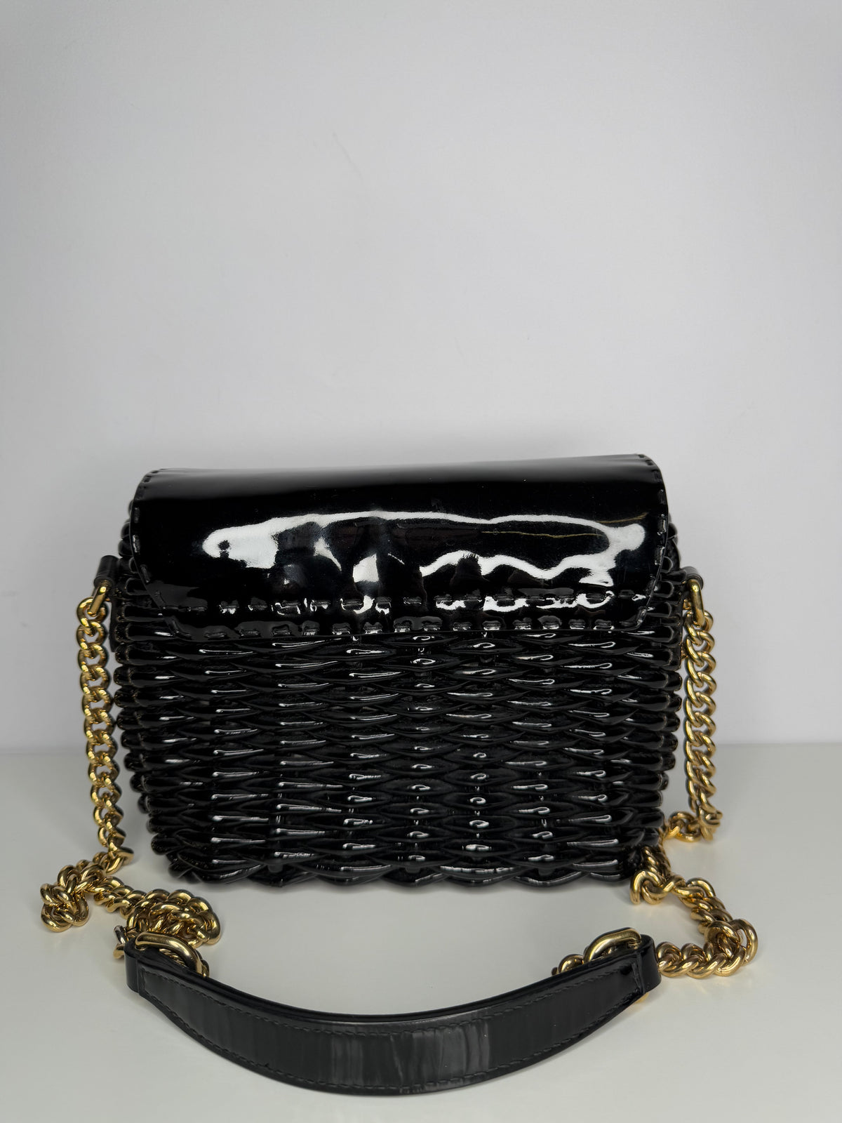 Dolce Gabbana Black Wicker and Patent Leather Shoulder Bag
