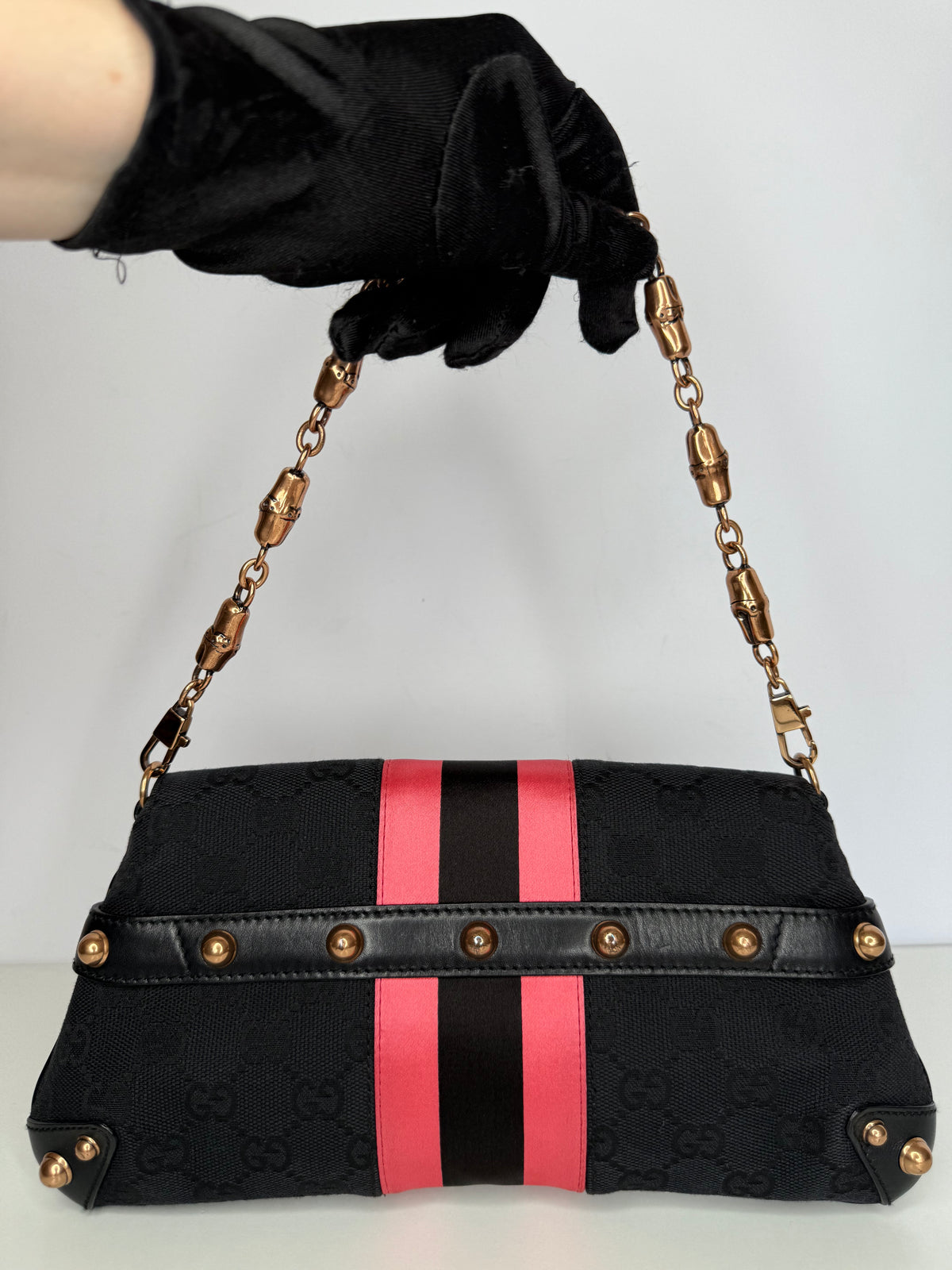 Gucci Vintage Tom Ford Era Black/Pink GG Canvas Horsebit Chain Clutch Rose Gold