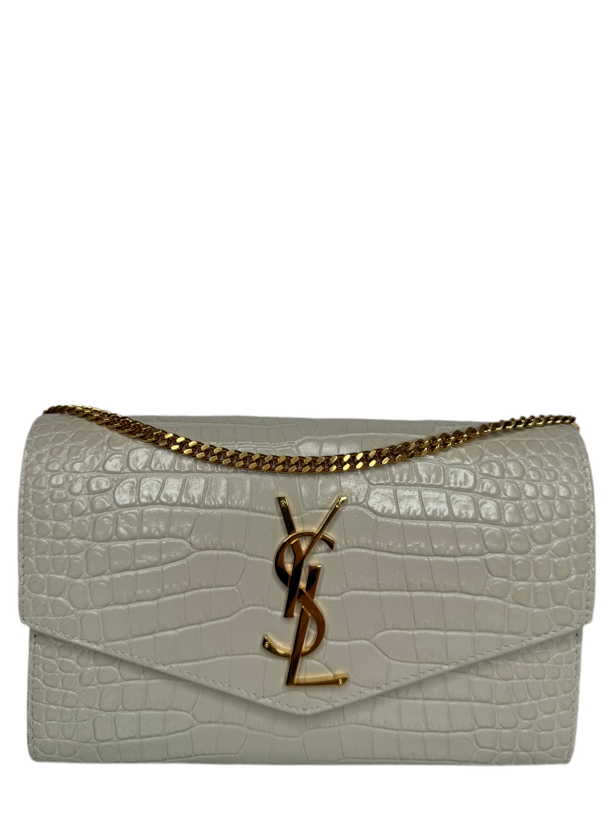 Saint Laurent Uptown Crocodile Embossed Shiny Leather in Ivory Wallet on Chain