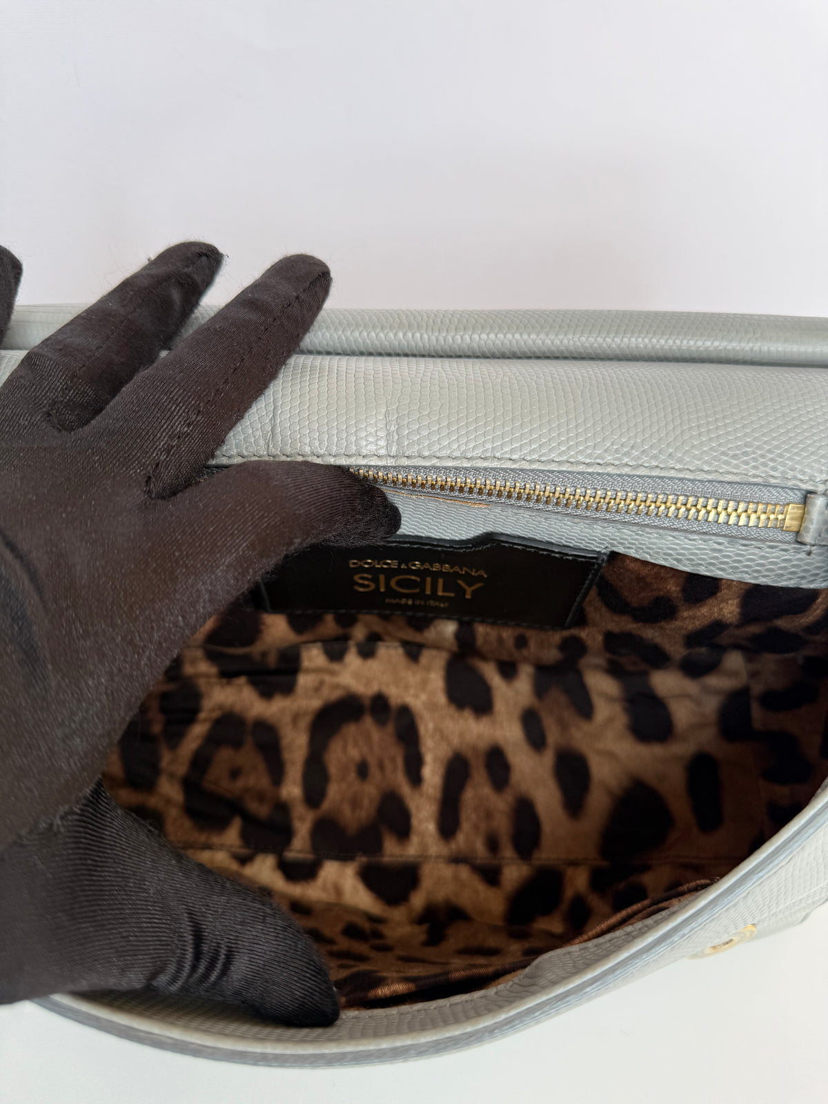 Dolce Gabbana Grey Lizard Embossed Leather Medium Miss Sicily Top Handle Bag