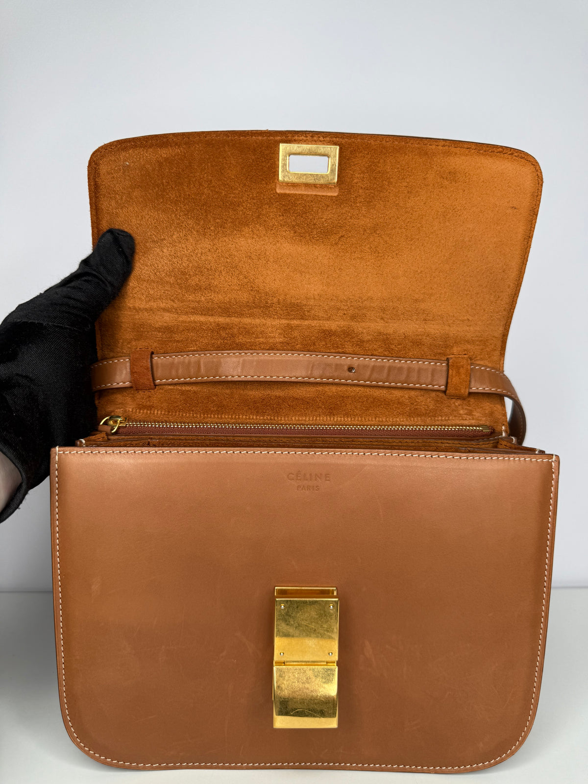 Celine Tan Leather Medium Classic Box Shoulder Bag