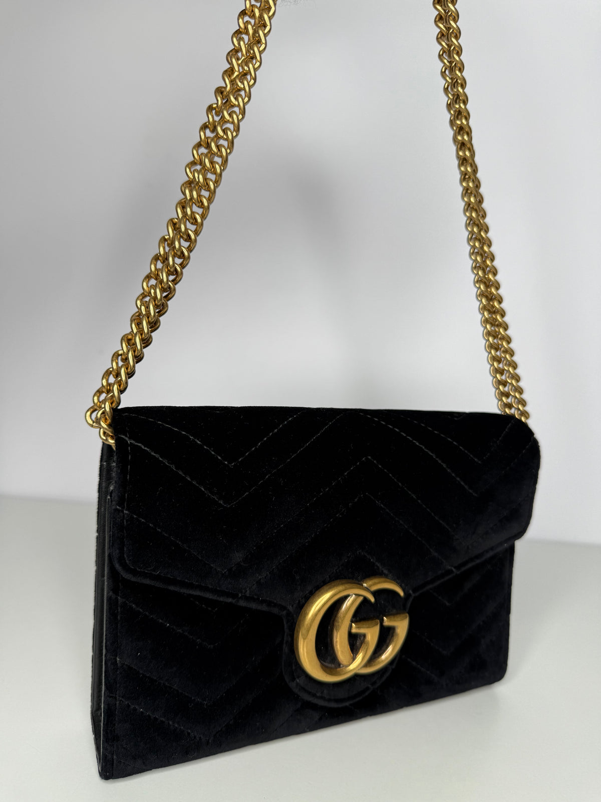 Gucci Velvet Matelasse GG Marmont Chain Wallet Black