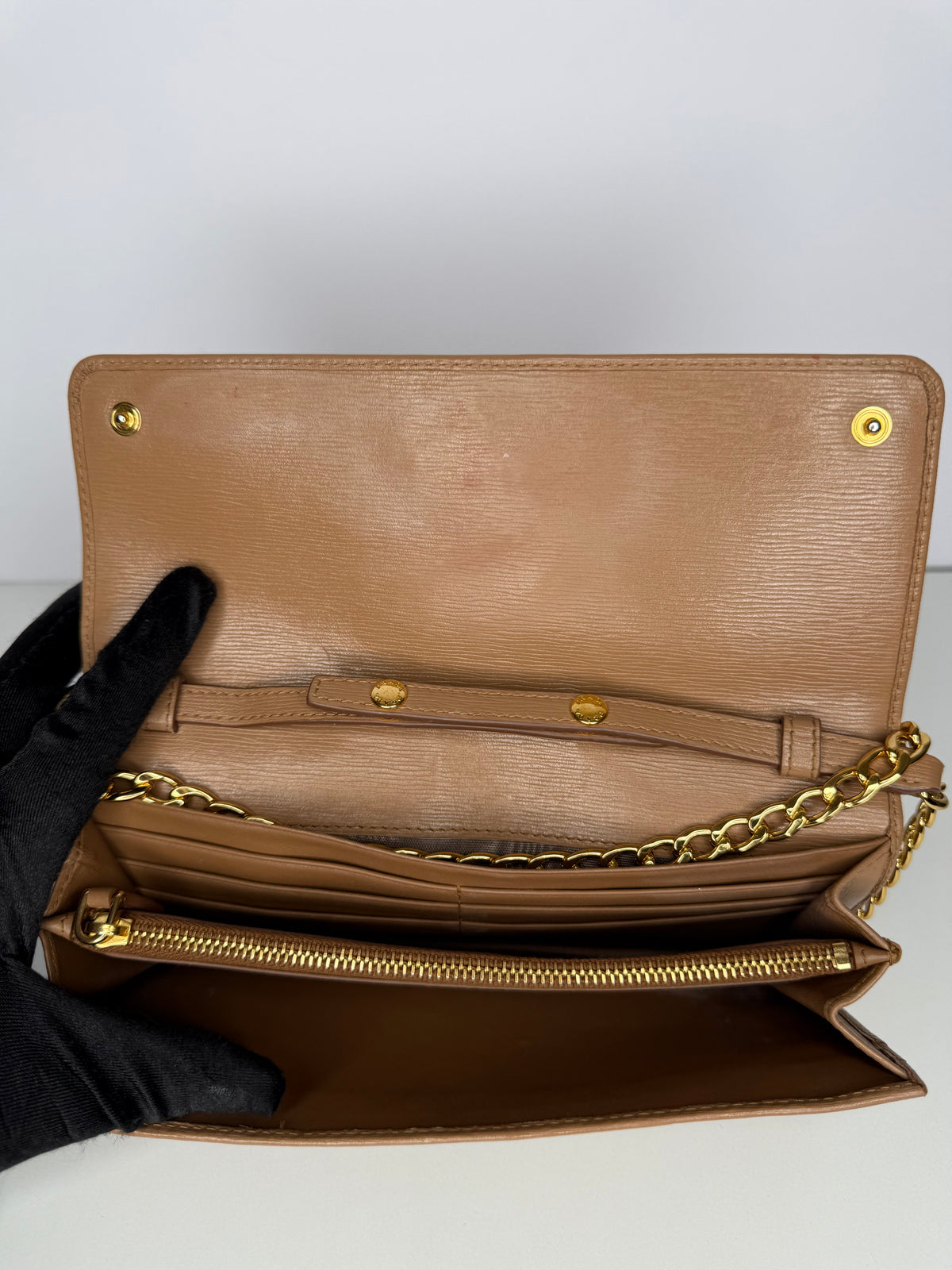 Prada Tan Vitello Move Leather Wallet on Chain