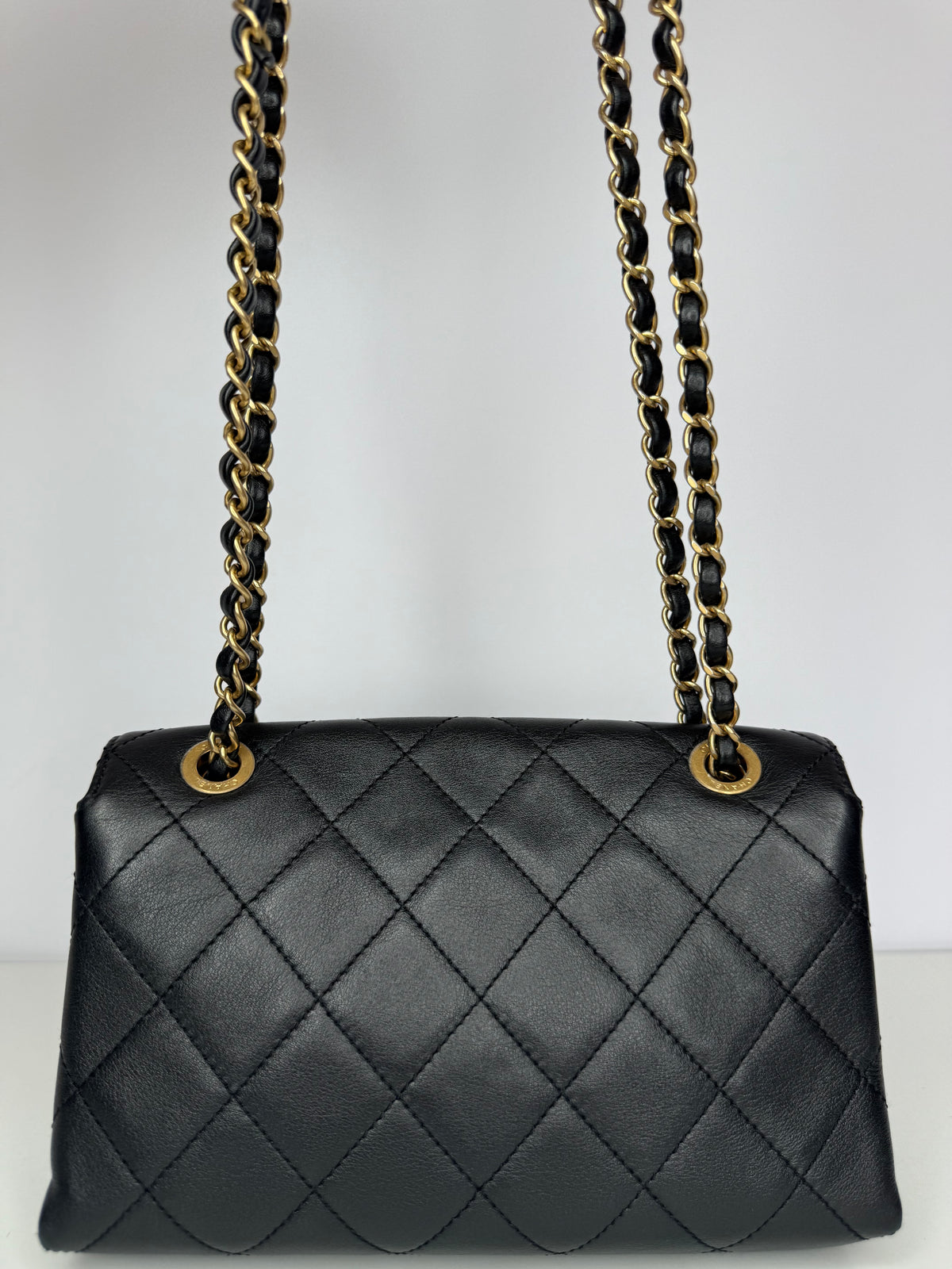 Chanel Logo Enchained Black Quilted Calfskin Flap Bag
