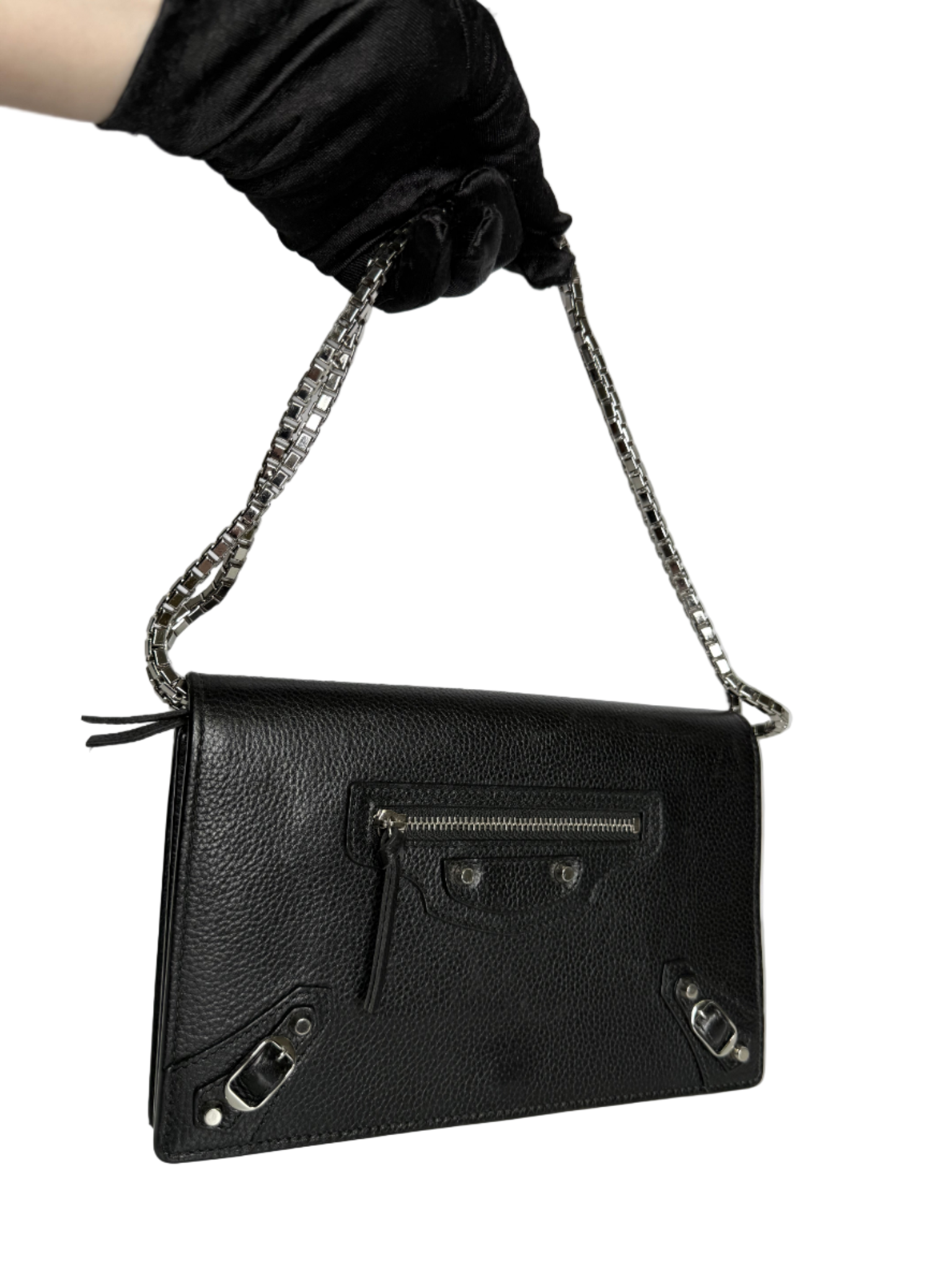 Balenciaga Grained Black Calfskin Silver Hardware Wallet on Chain
