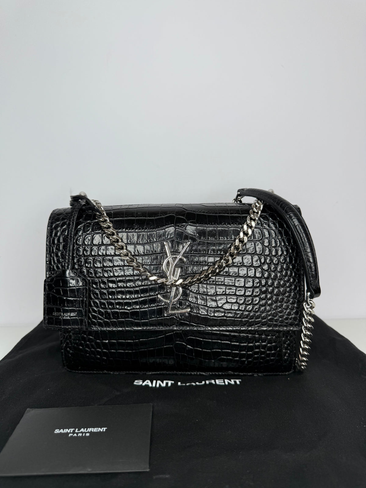 Saint Laurent Sunset Medium Black Calfskin Crocodile Embossed