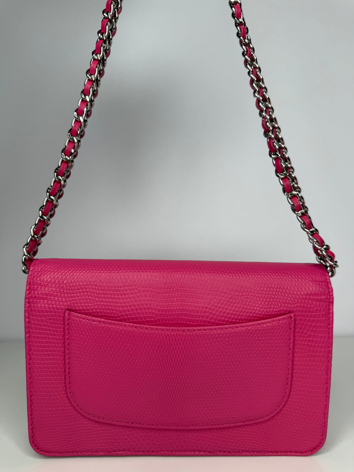 Chanel Pink Lizard Embossed Classic Wallet On Chain