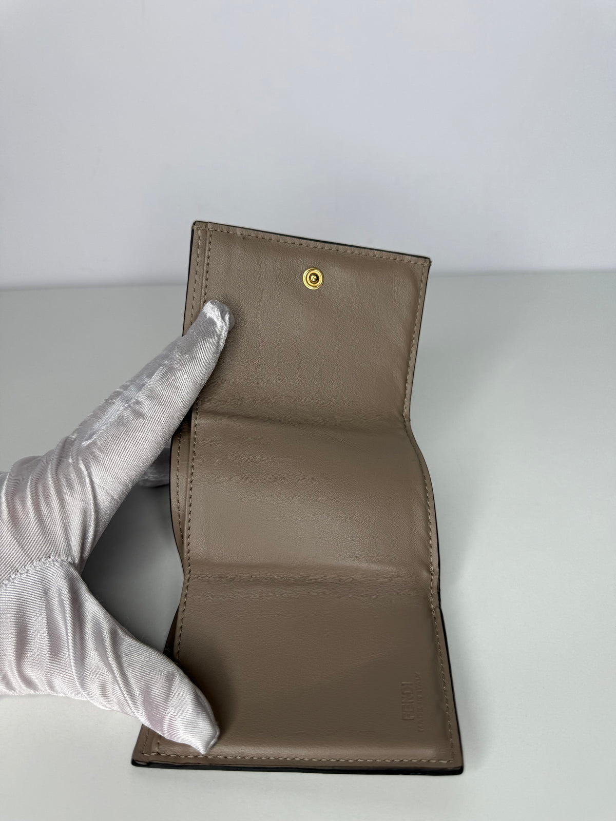 Fendi Beige Leather Micro Trifold Compact Wallet