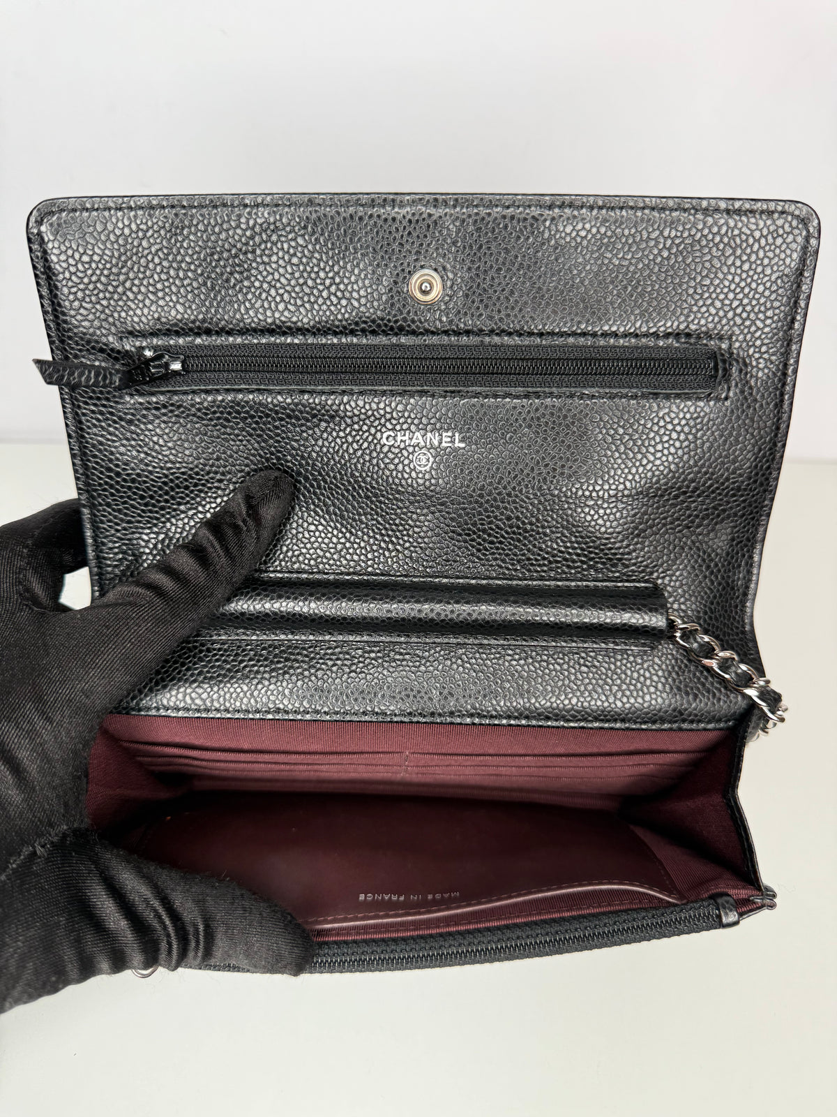 Chanel Black Quilted Caviar Leather Classic Wallet On Chain