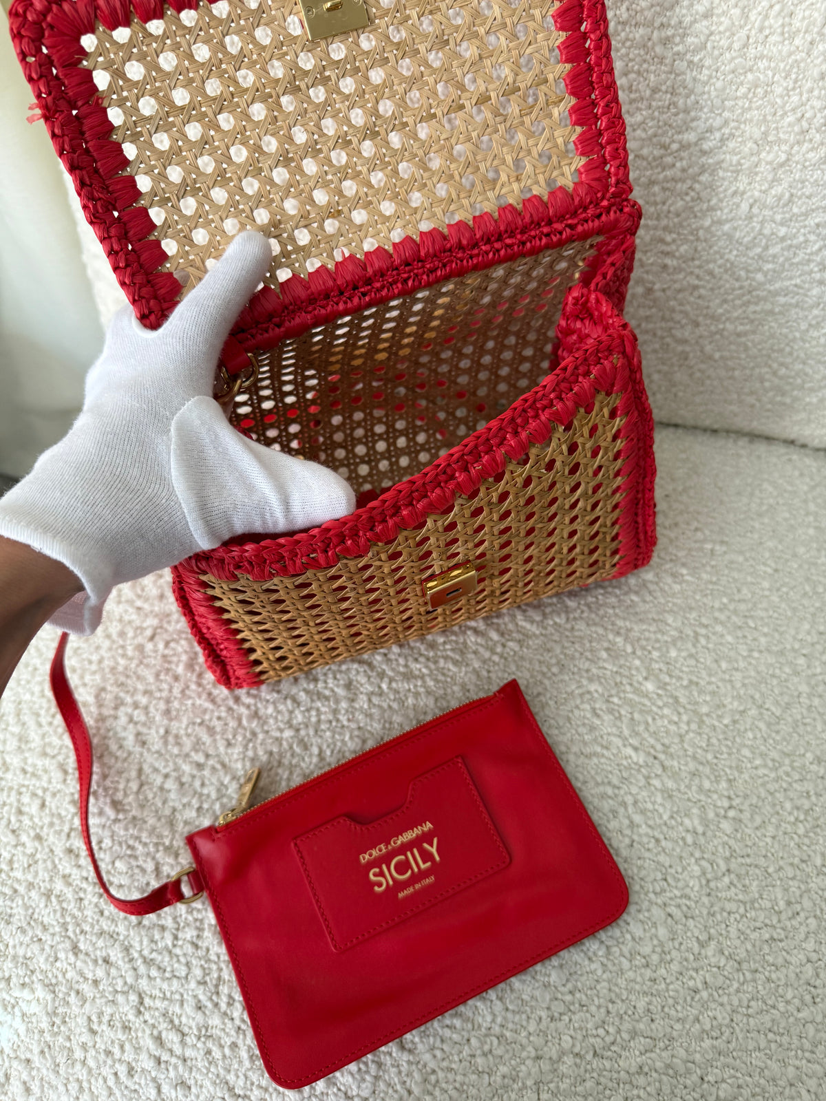 Dolce Gabbana Woven Raffia Miss Sicily Satchel Red