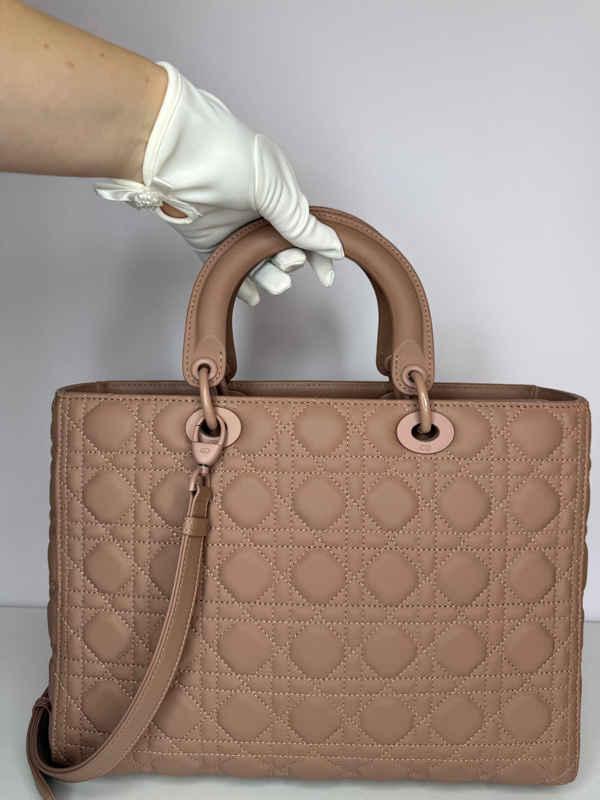 Christian Dior Large Lady Dior Beige Ultramatte Cannage Calfskin Leather Bag