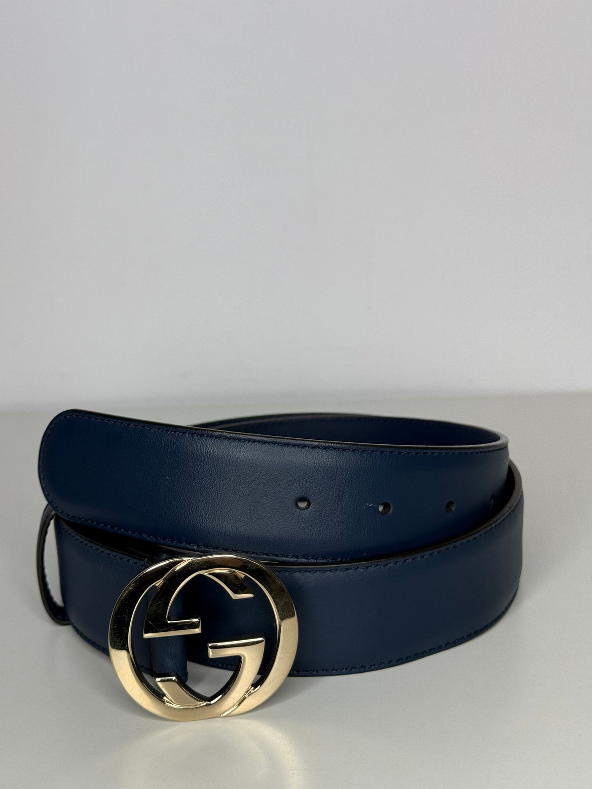 Gucci Navy Blue Leather Interlocking G Buckle Belt