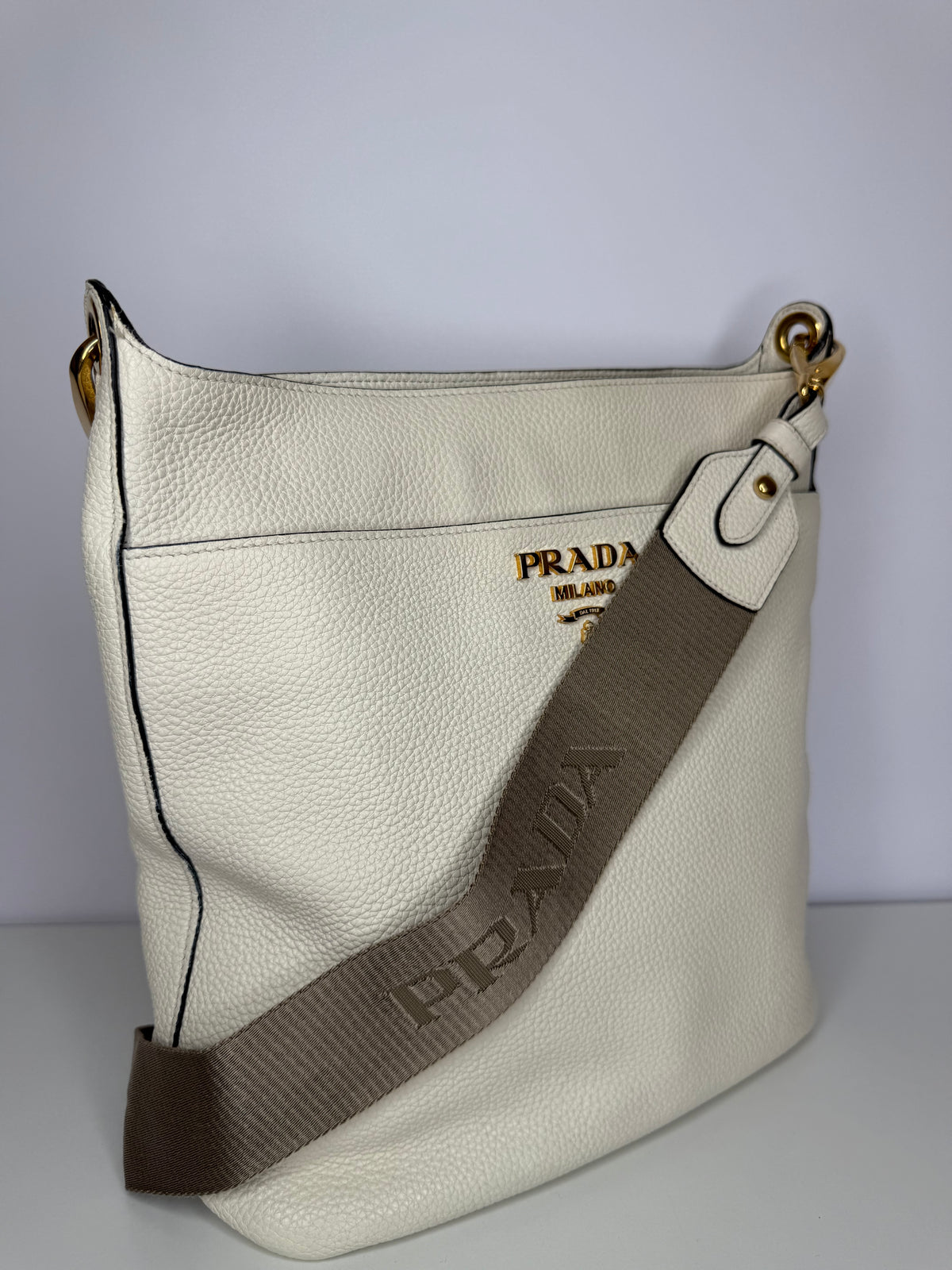 Prada Off White Vitello Daino Leather Zip Messenger Bag