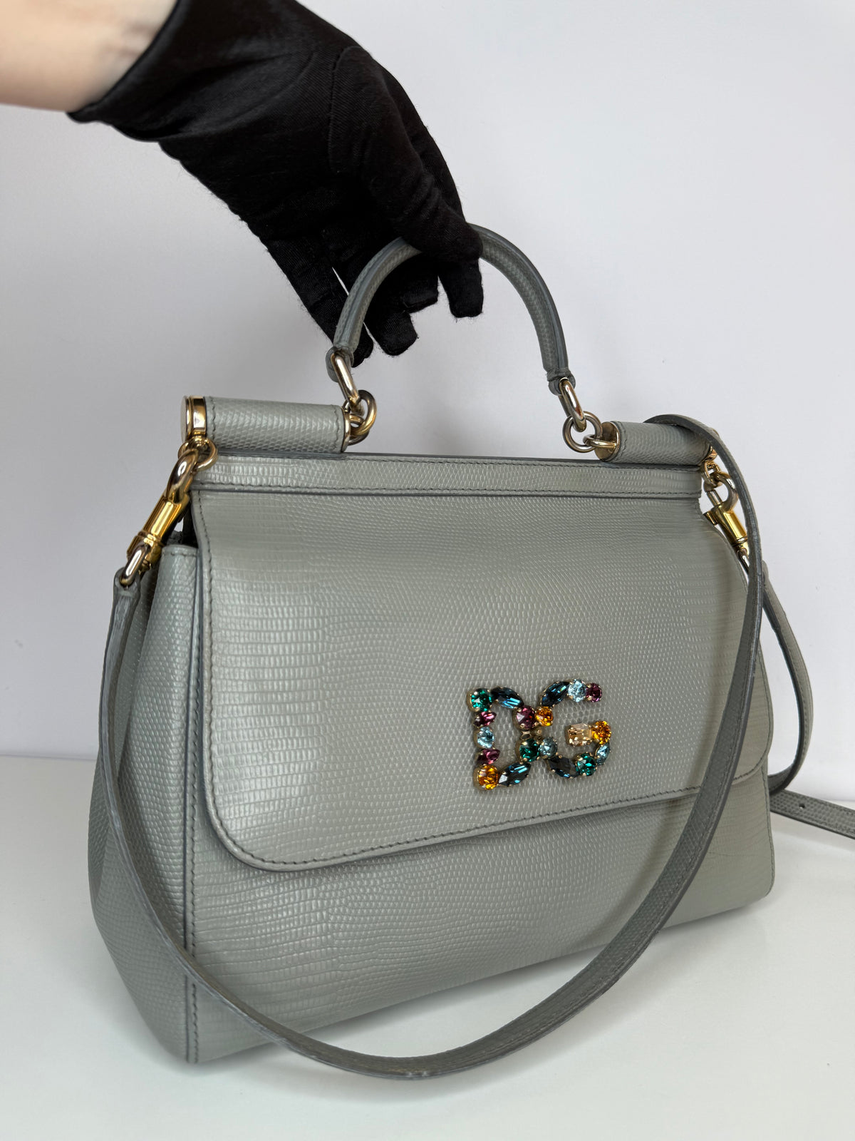 Dolce Gabbana Grey Lizard Embossed Leather Medium Miss Sicily Top Handle Bag