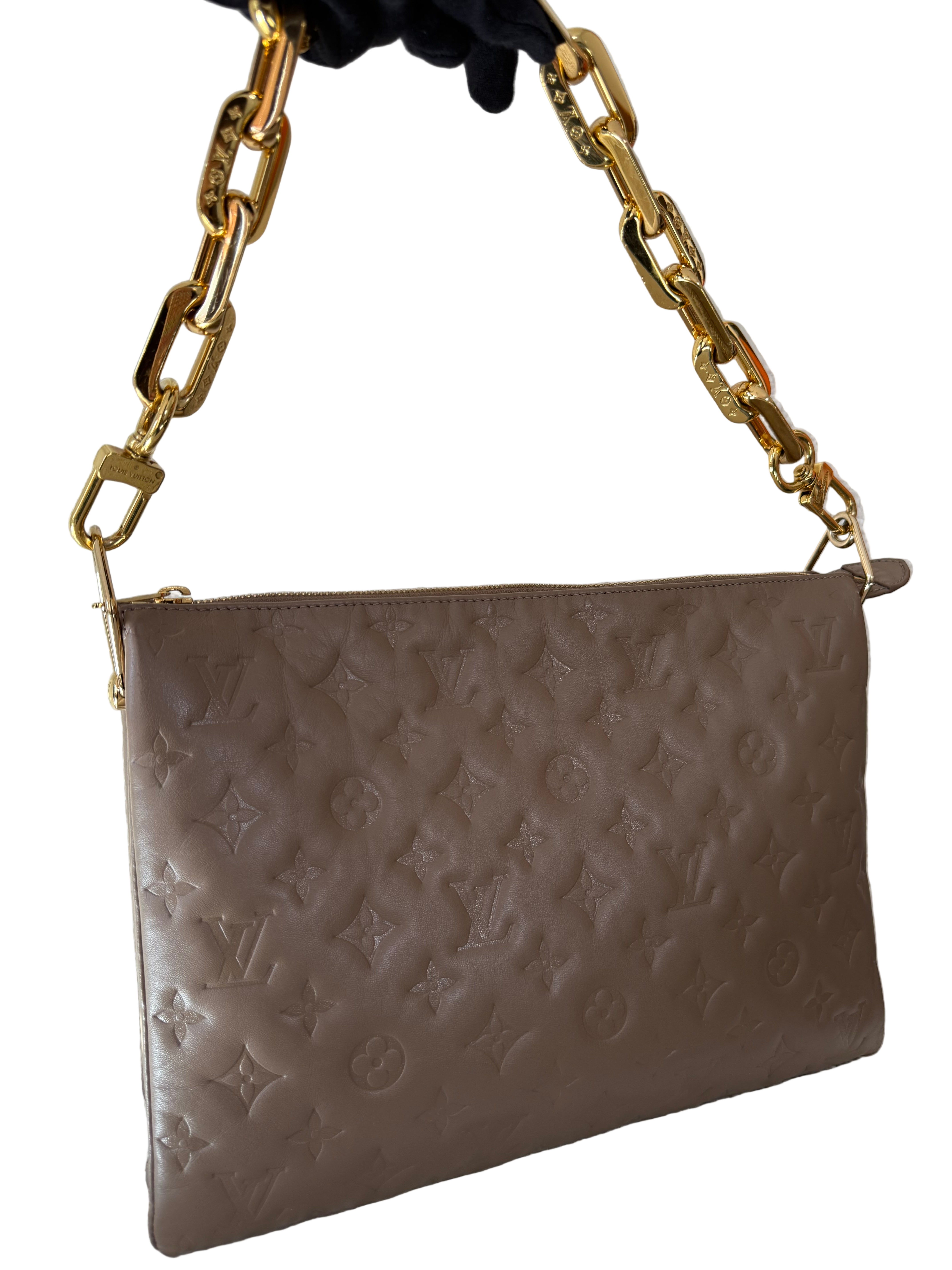 Louis Vuitton Coussin MM Taupe Monogram Embossed Puffy Lambskin