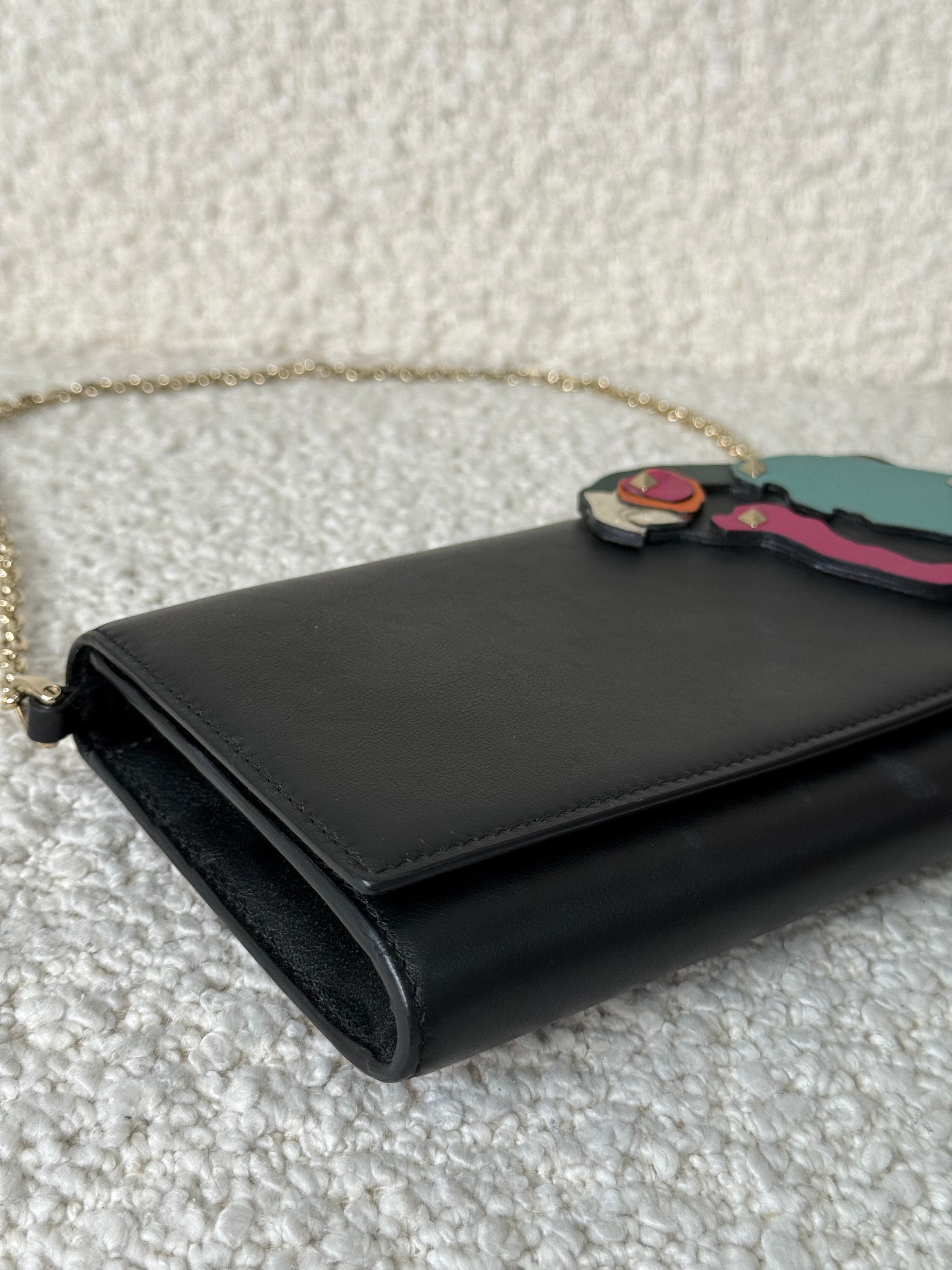 Valentino Garavani Parrot Motif and Black Leather Wallet on Chain