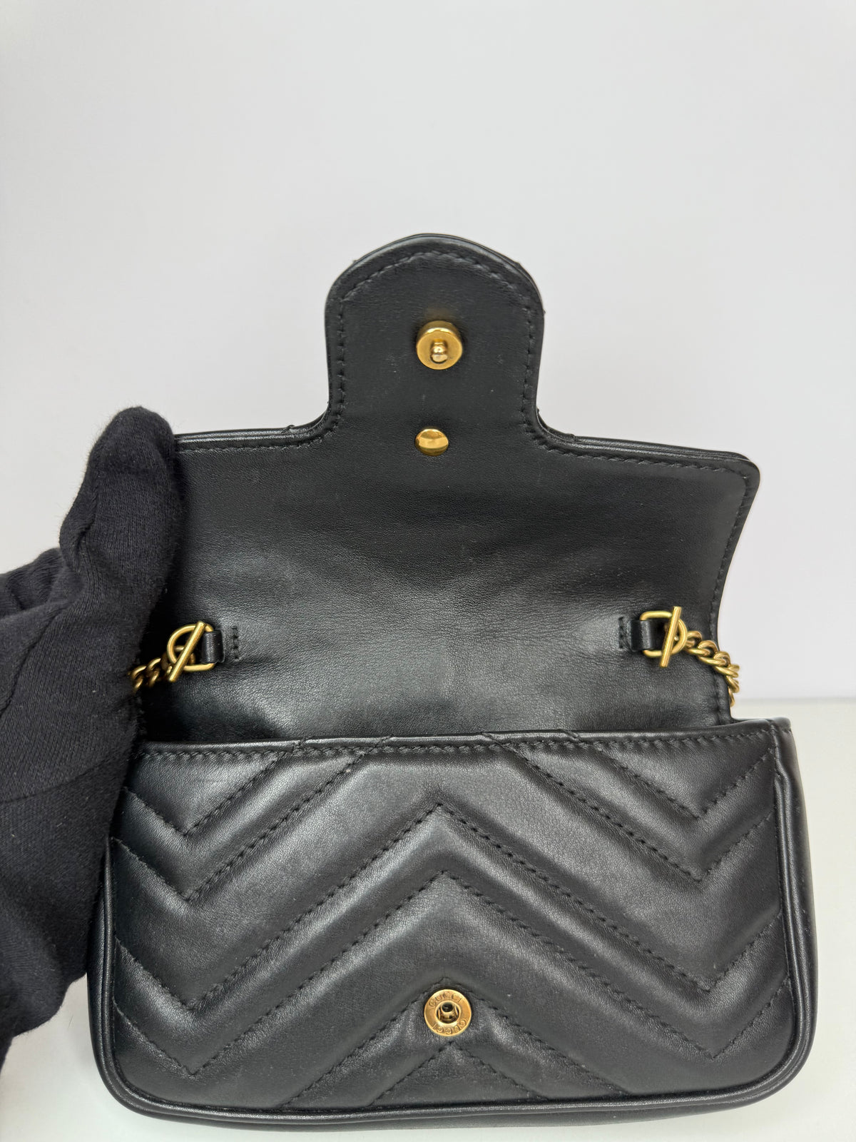 Gucci Black Calfskin Matelasse Super Mini GG Marmont Shoulder Bag