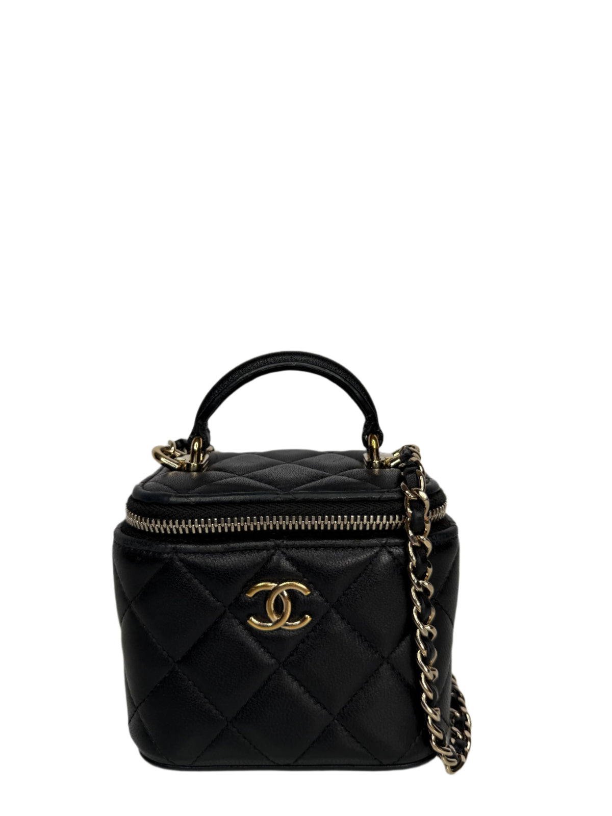 Chanel Mini Top Handle Vanity With Chain Black Lambskin Gold Hardware