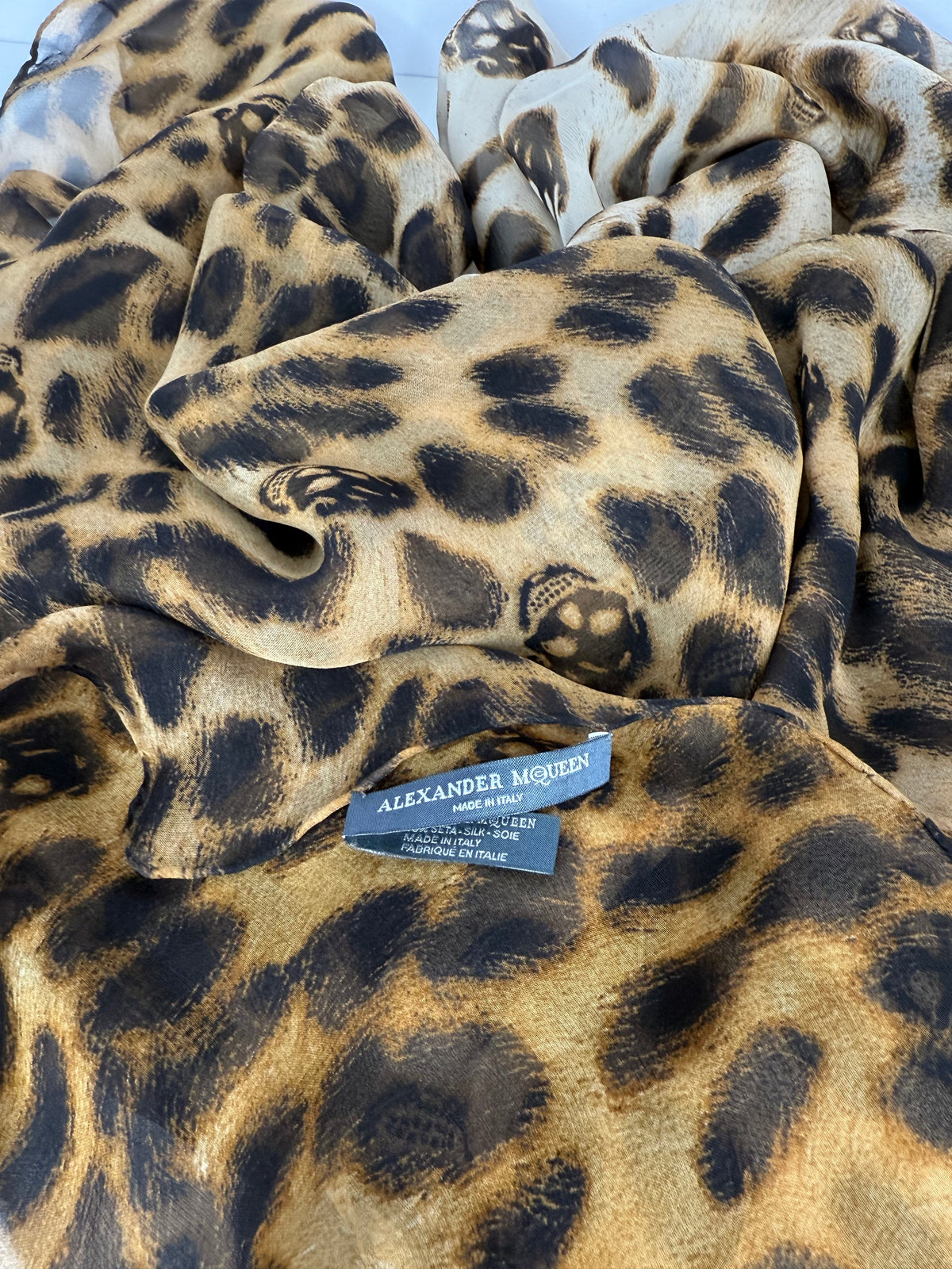 Alexander McQueen Silk Chiffon Leopard Skull Scarf Brown
