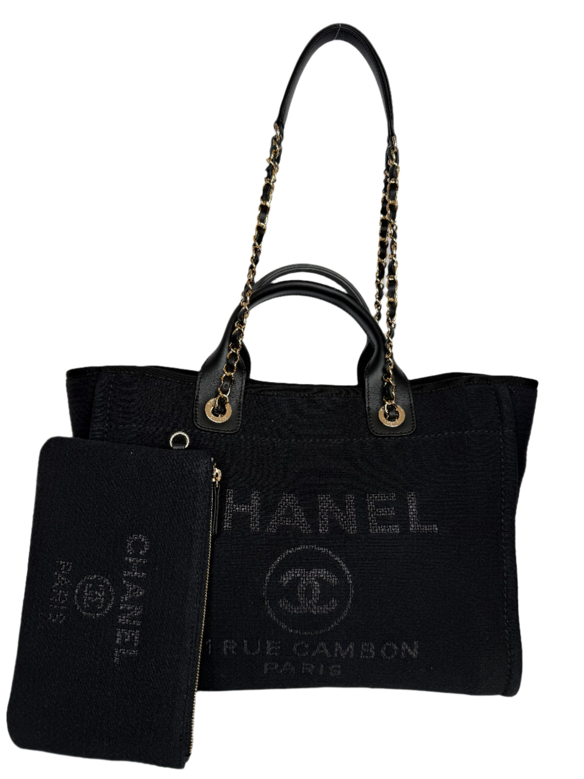 Chanel Deauville Black Canvas Shopping Tote with Pouch
