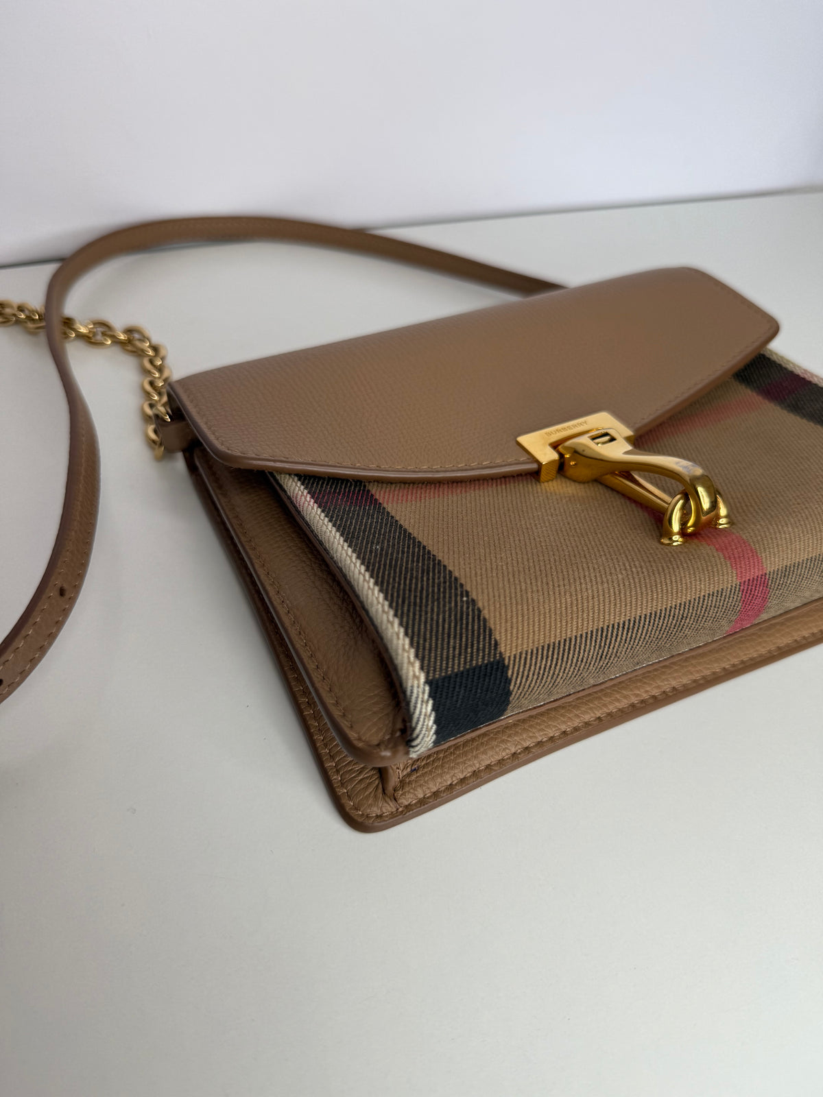 Burberry Derby Calfskin House Check Small Macken Crossbody Bag Camel