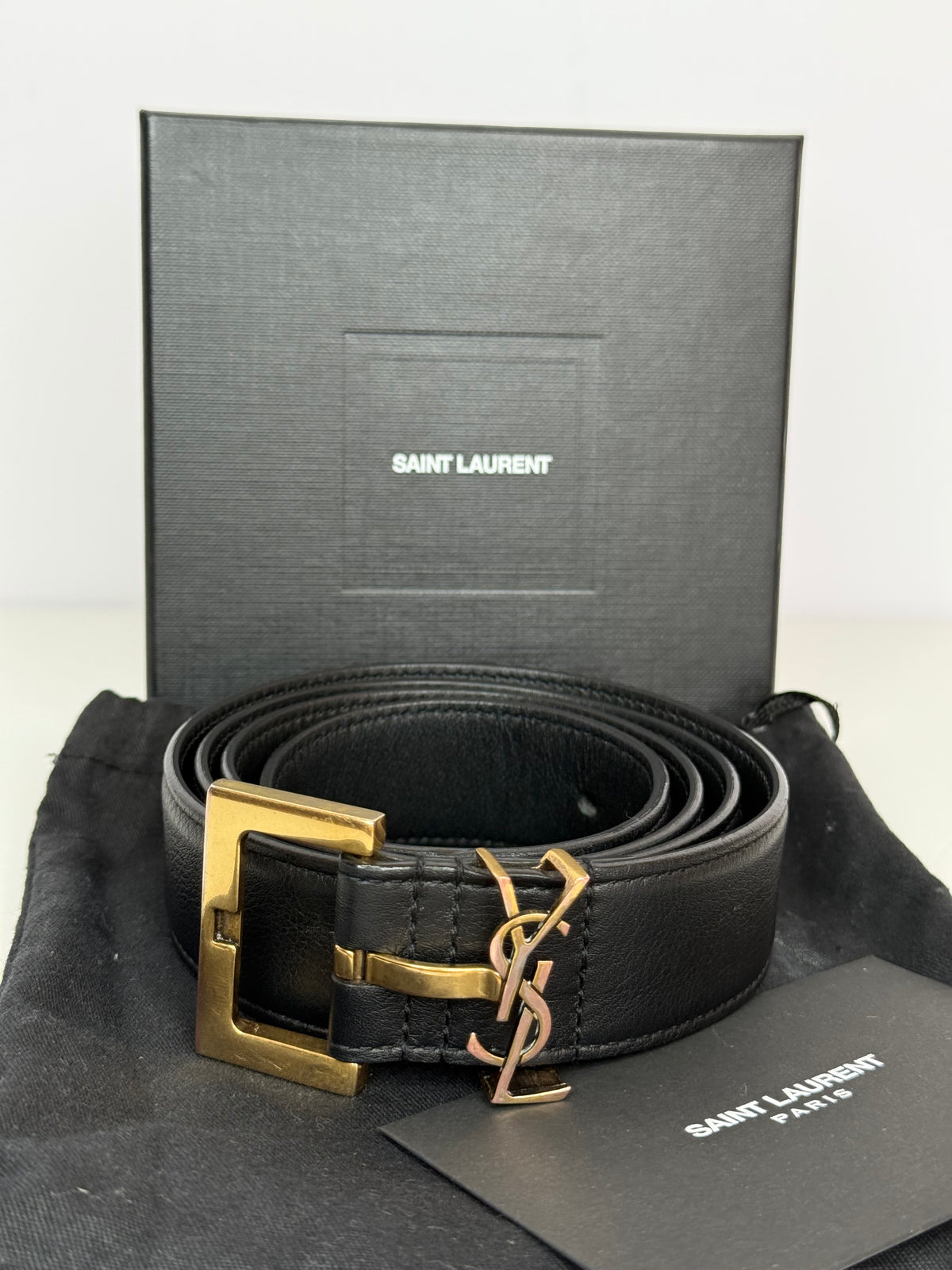 Saint Laurent Cassandre Monogram Square Buckle Belt Black