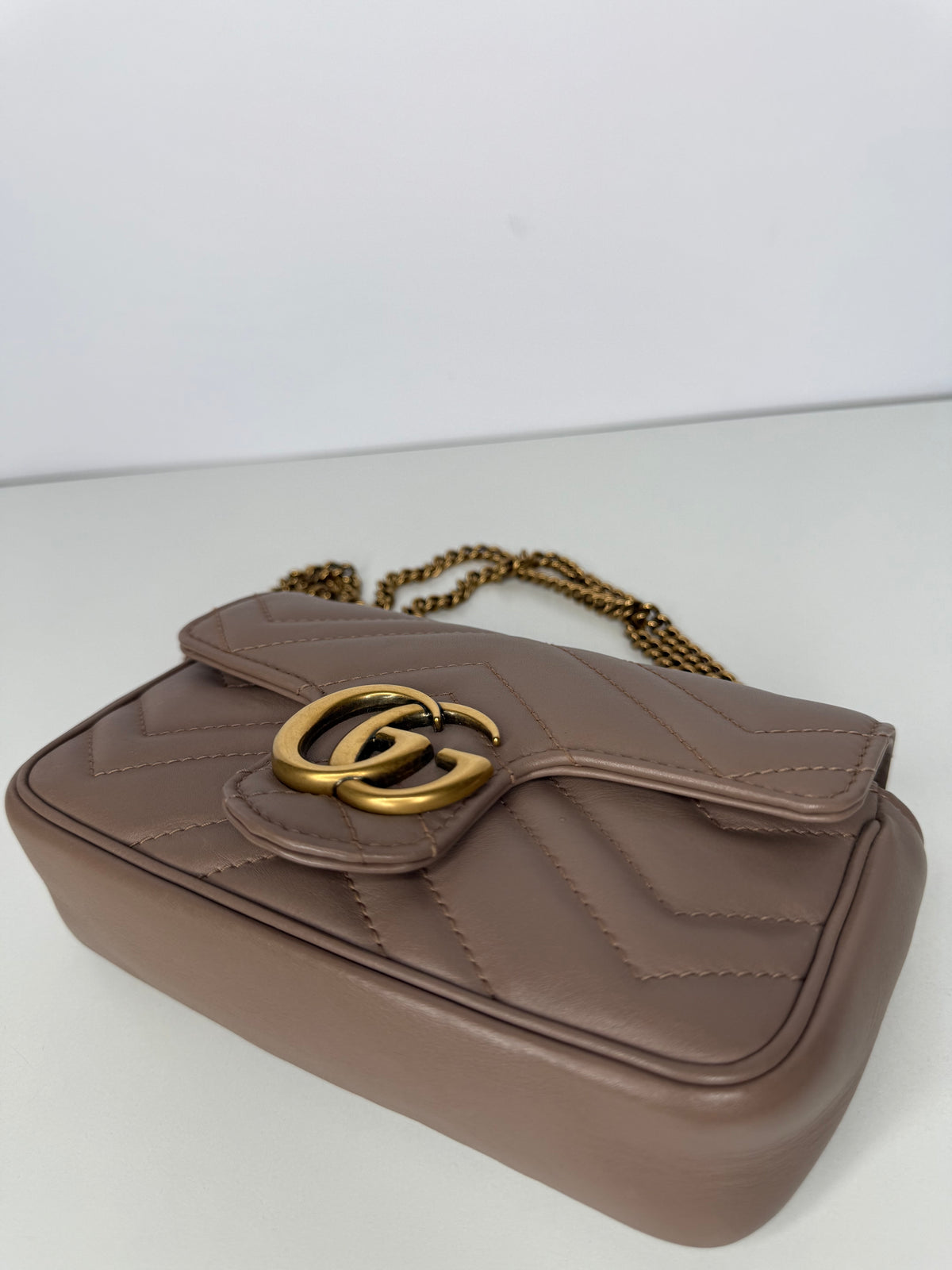 Gucci Calfskin Matelasse Super Mini GG Marmont Shoulder Bag Porcelain Rose