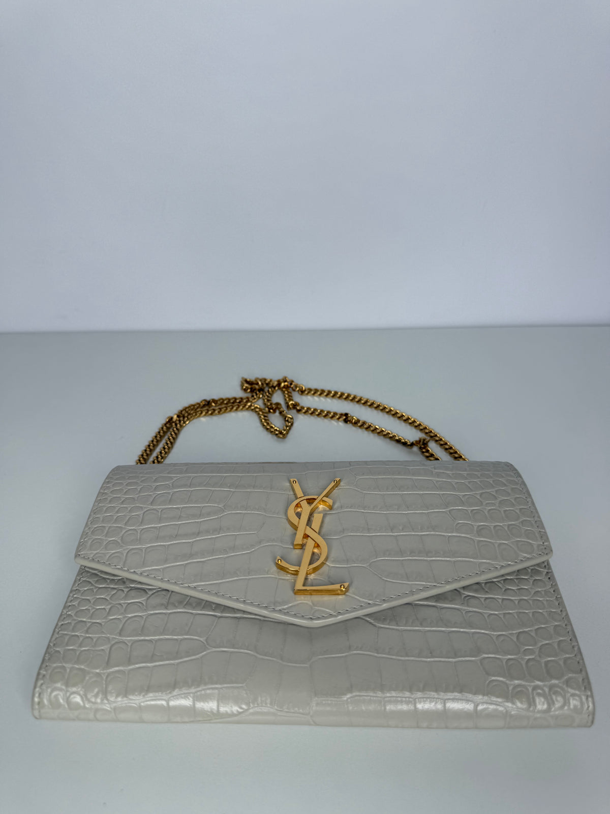 Saint Laurent Uptown Crocodile Embossed Shiny Leather in Ivory Wallet on Chain