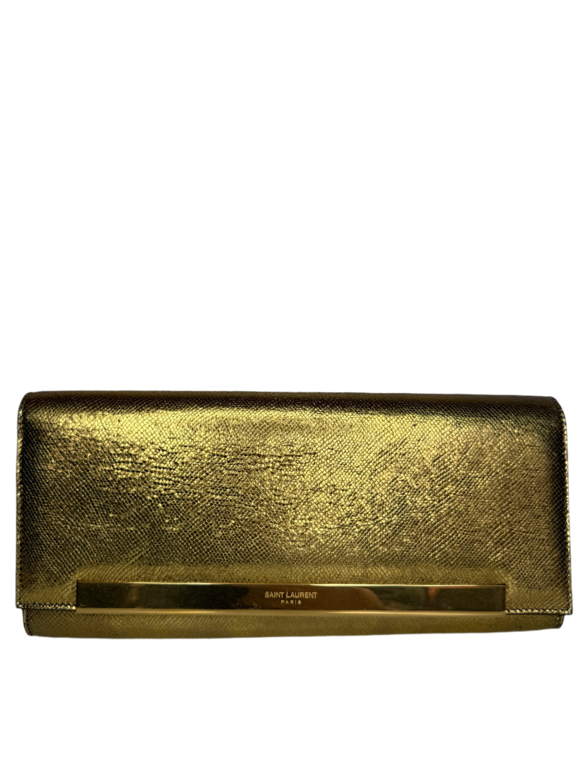 Saint Laurent Lutetia Flap Clutch Snakeskin Embossed Metallic Gold
