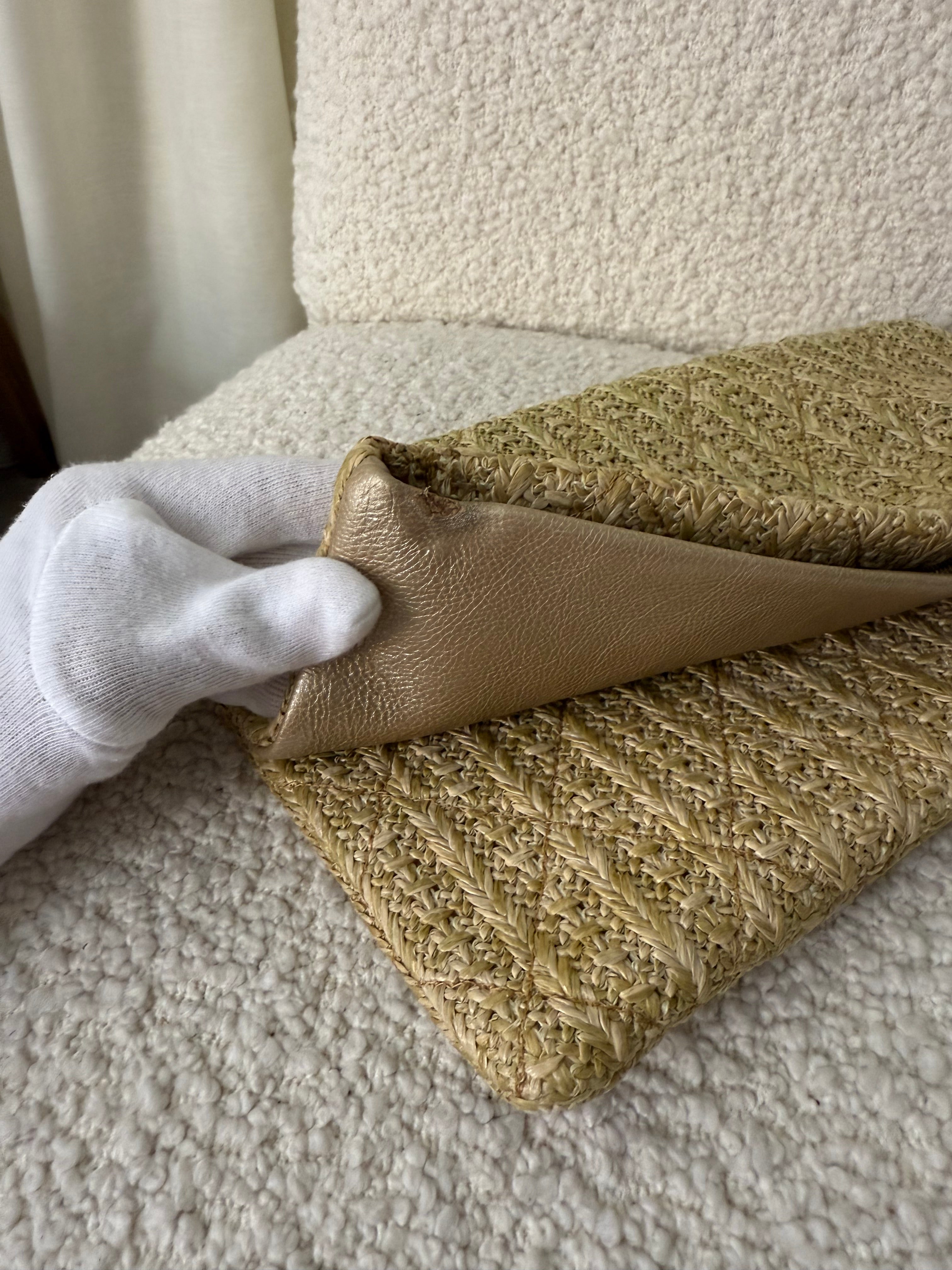 Chanel CC Woven Clutch Gold Natural Raffia Antique Gold Hardware