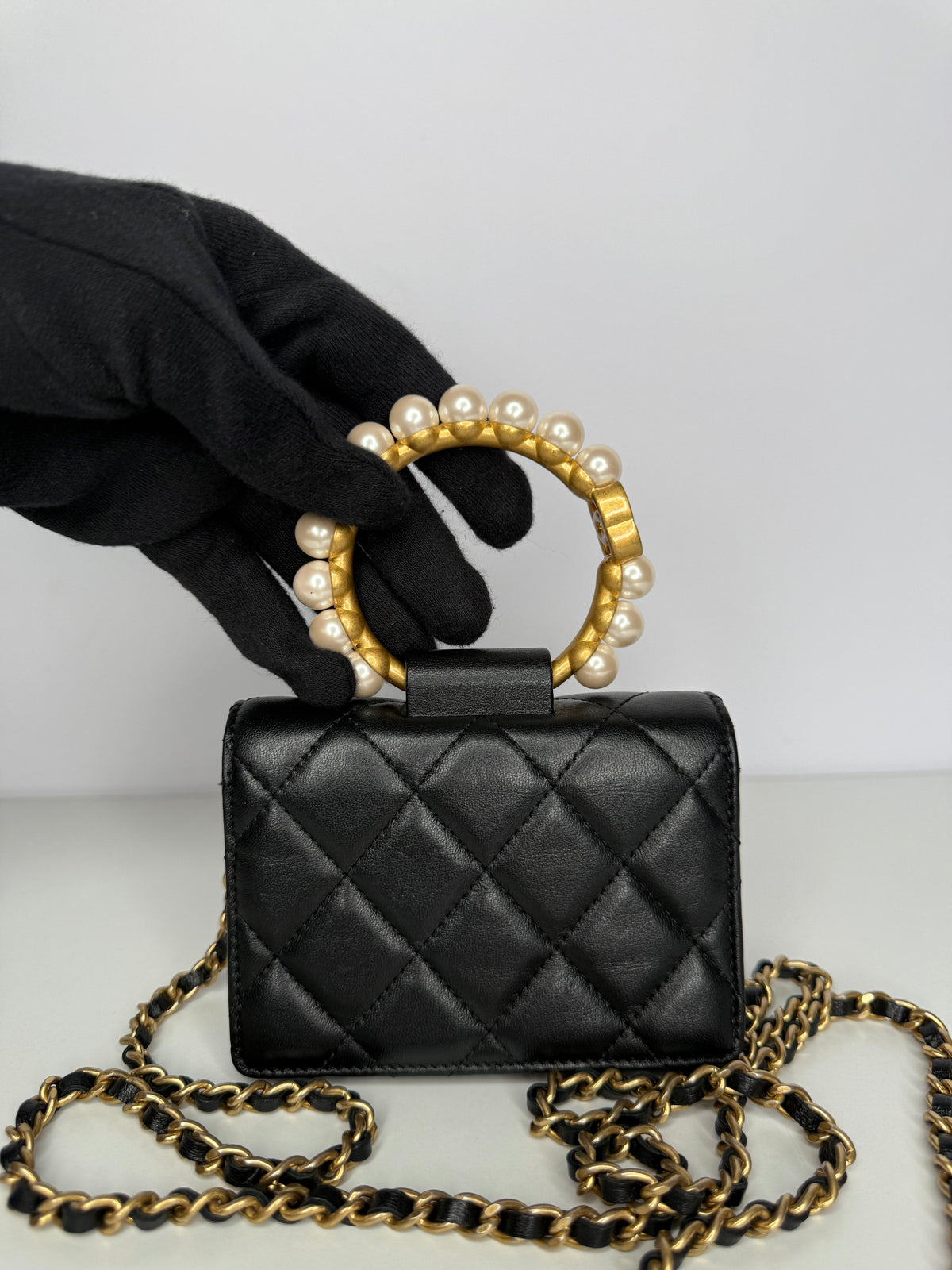 Chanel Black Quilted Lambskin Pearl Crown Clutch with Chain