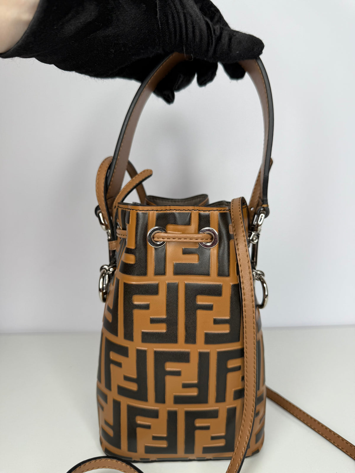 Fendi Brown/Black Zucca Leather Mini Mon Tresor Drawstring Bucket Bag
