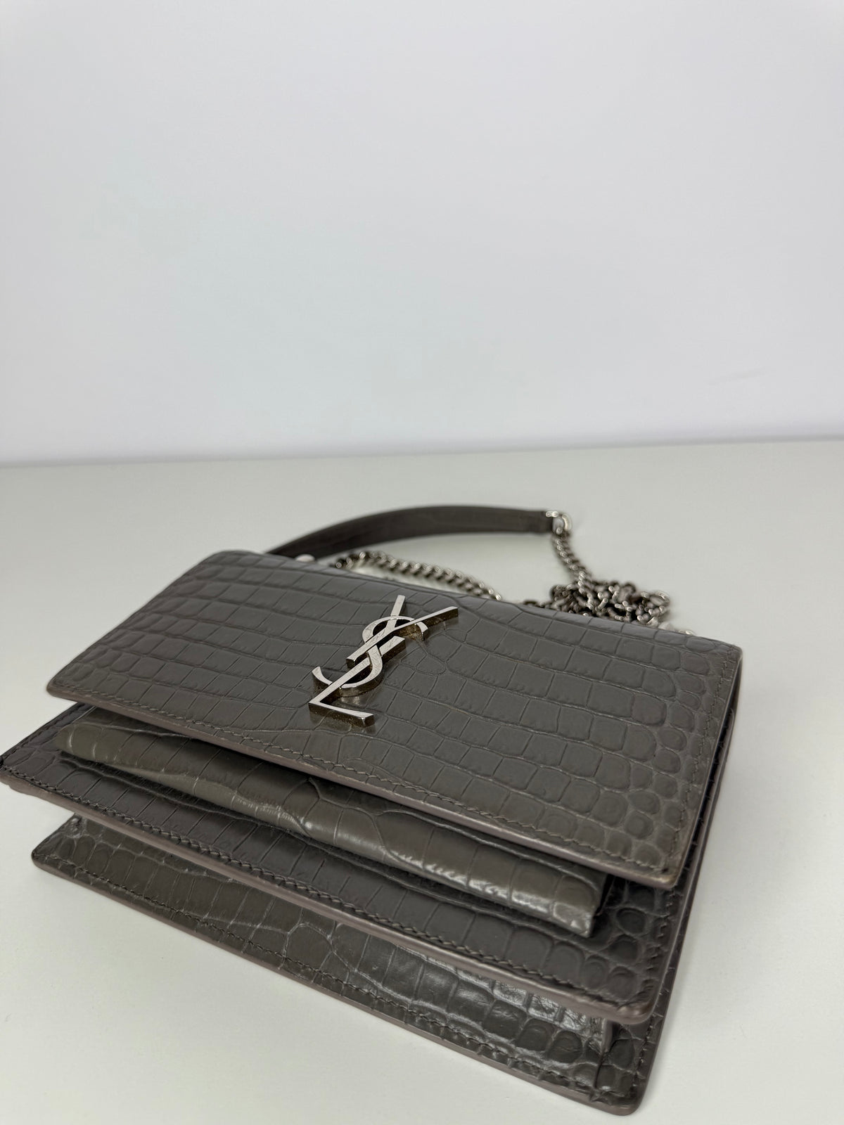 Saint Laurent Grey Croc Embossed Leather Mini Sunset Bag