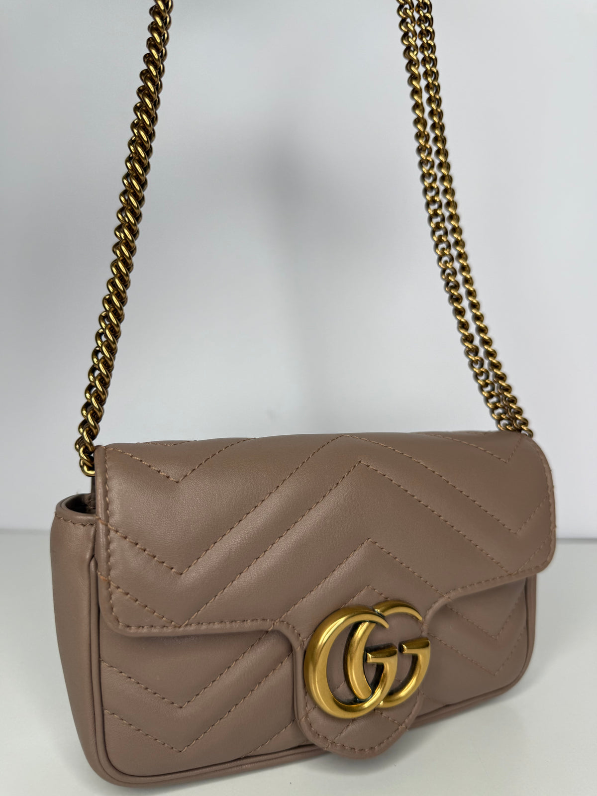 Gucci Calfskin Matelasse Super Mini GG Marmont Shoulder Bag Porcelain Rose