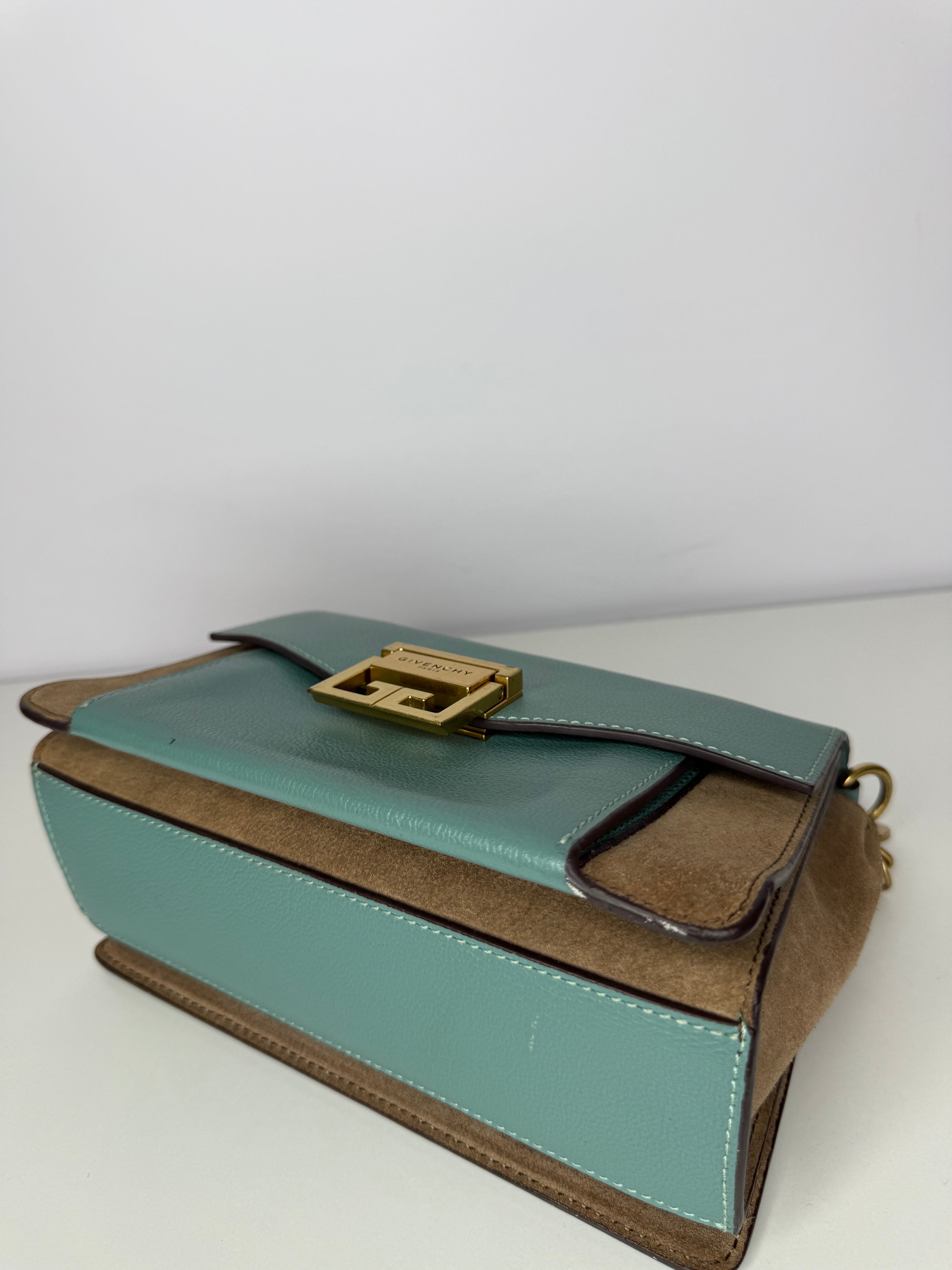 Givenchy GV3 in Light Blue Sugar Goatskin Tan Suede Trim Small Crossbody Bag