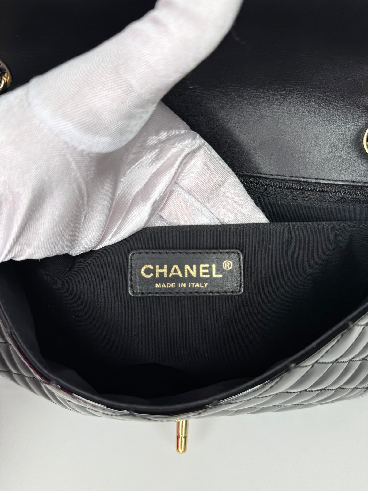 Chanel Medium Classic Flap Bag in Black Quilted Patent Leather