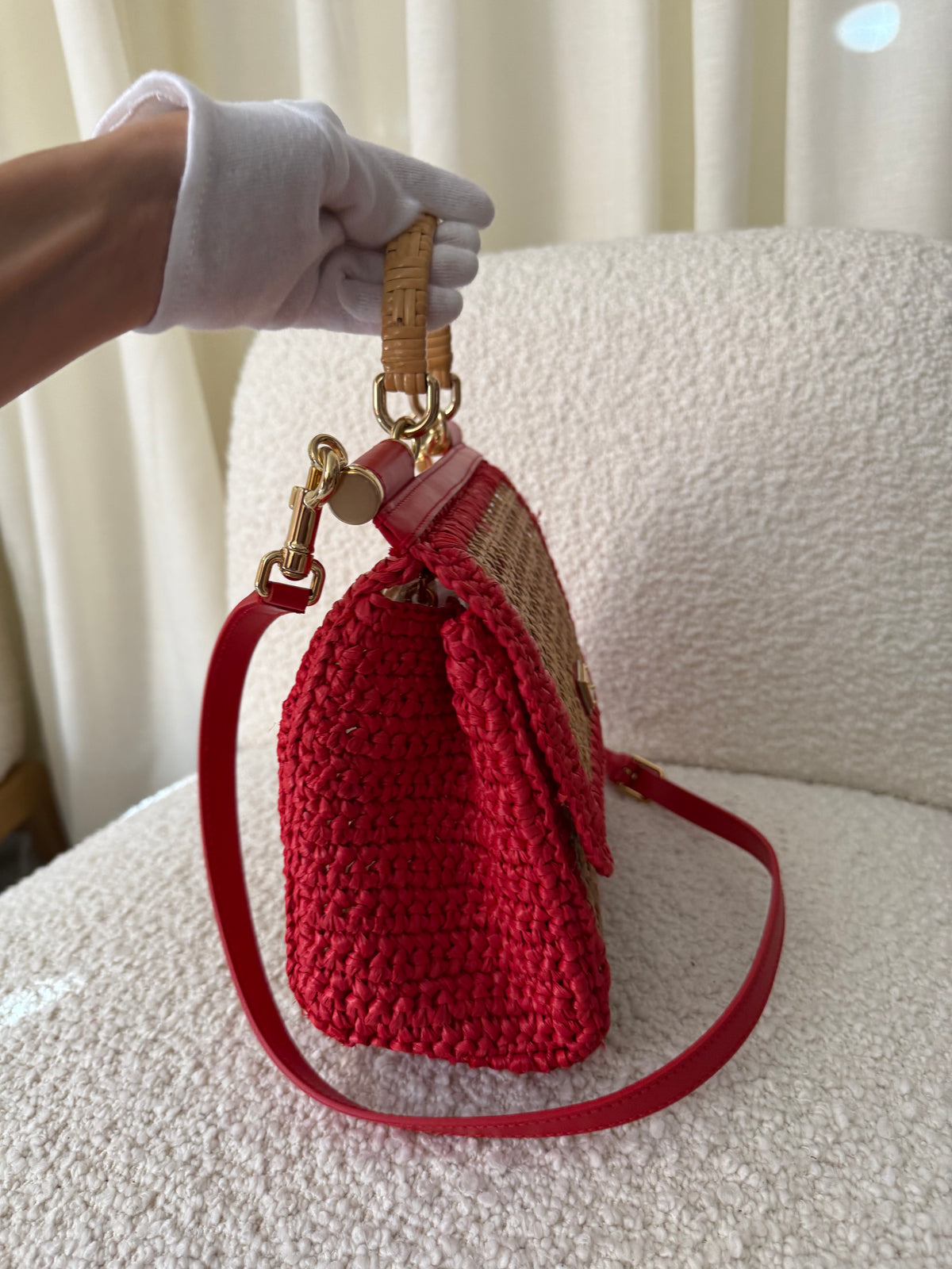 Dolce Gabbana Woven Raffia Miss Sicily Satchel Red