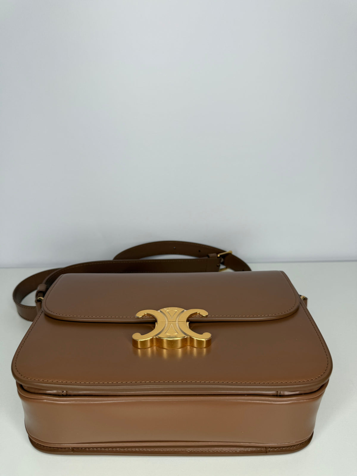 Celine Classique Triomphe Bag In Glazed Brown Shiny Calfskin
