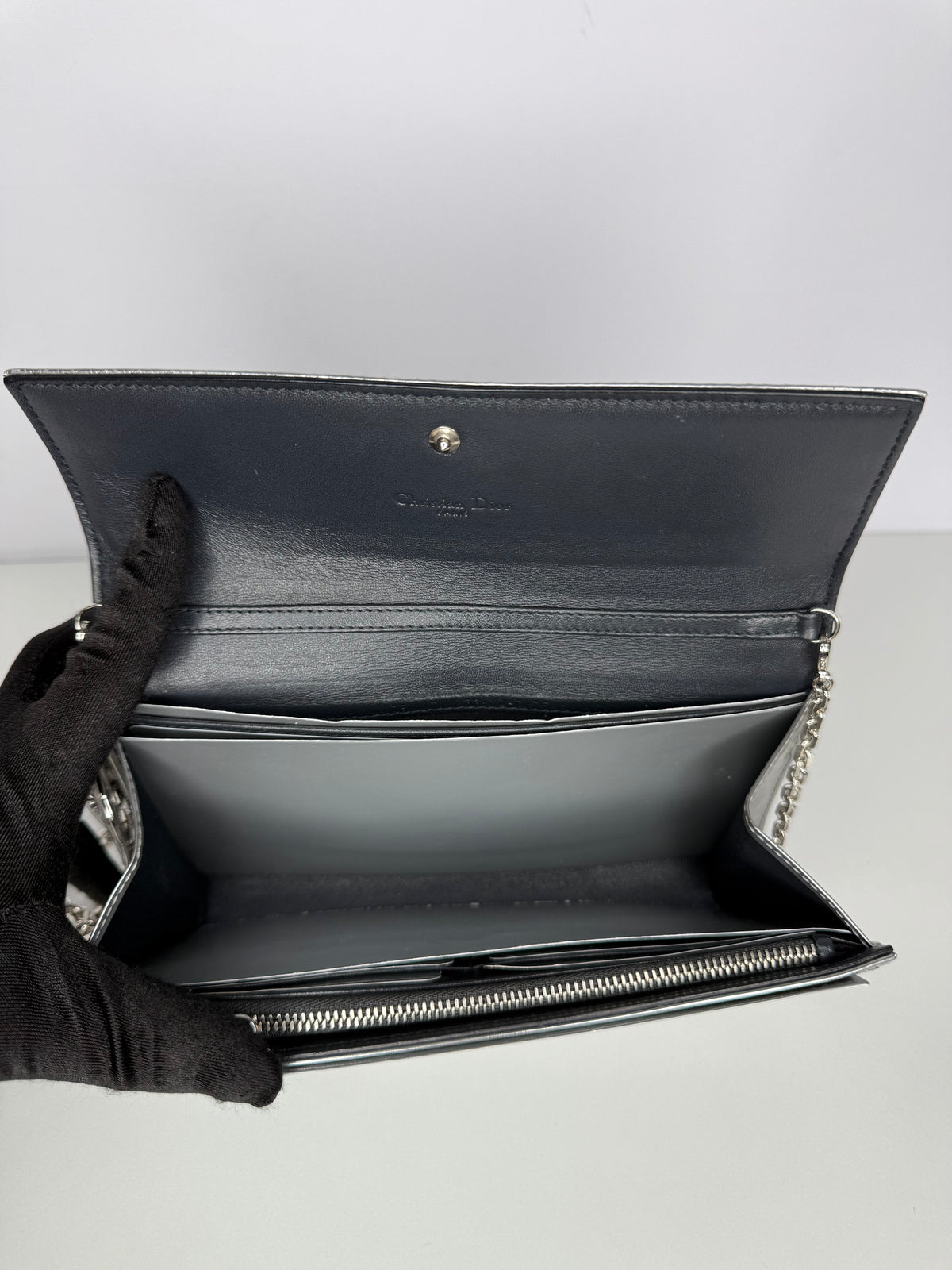 Christian Dior Lady Dior Croisiere Perforated Wallet on Chain in Silver