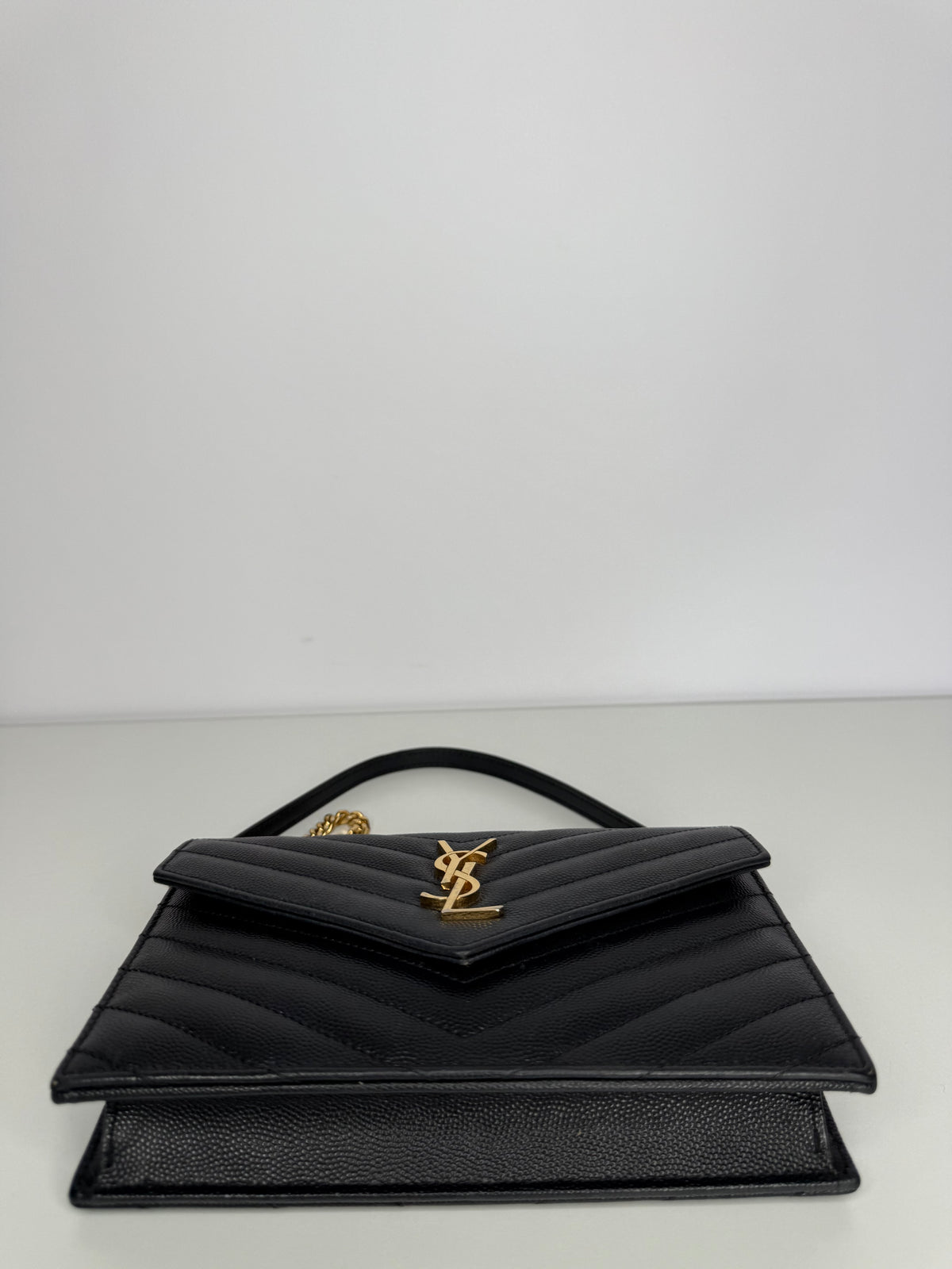 Saint Laurent Cassandre Envelope Black Grain De Poudre Leather Wallet on Chain