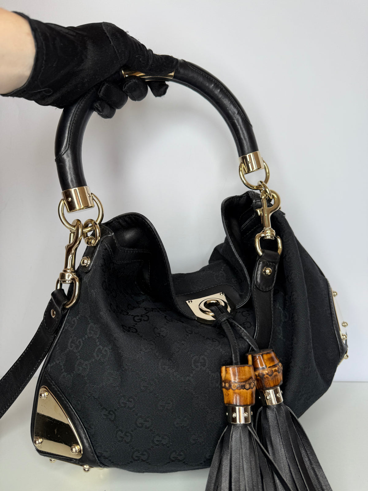Gucci Black GG Canvas Medium Babouska Indy Top Handle Bag
