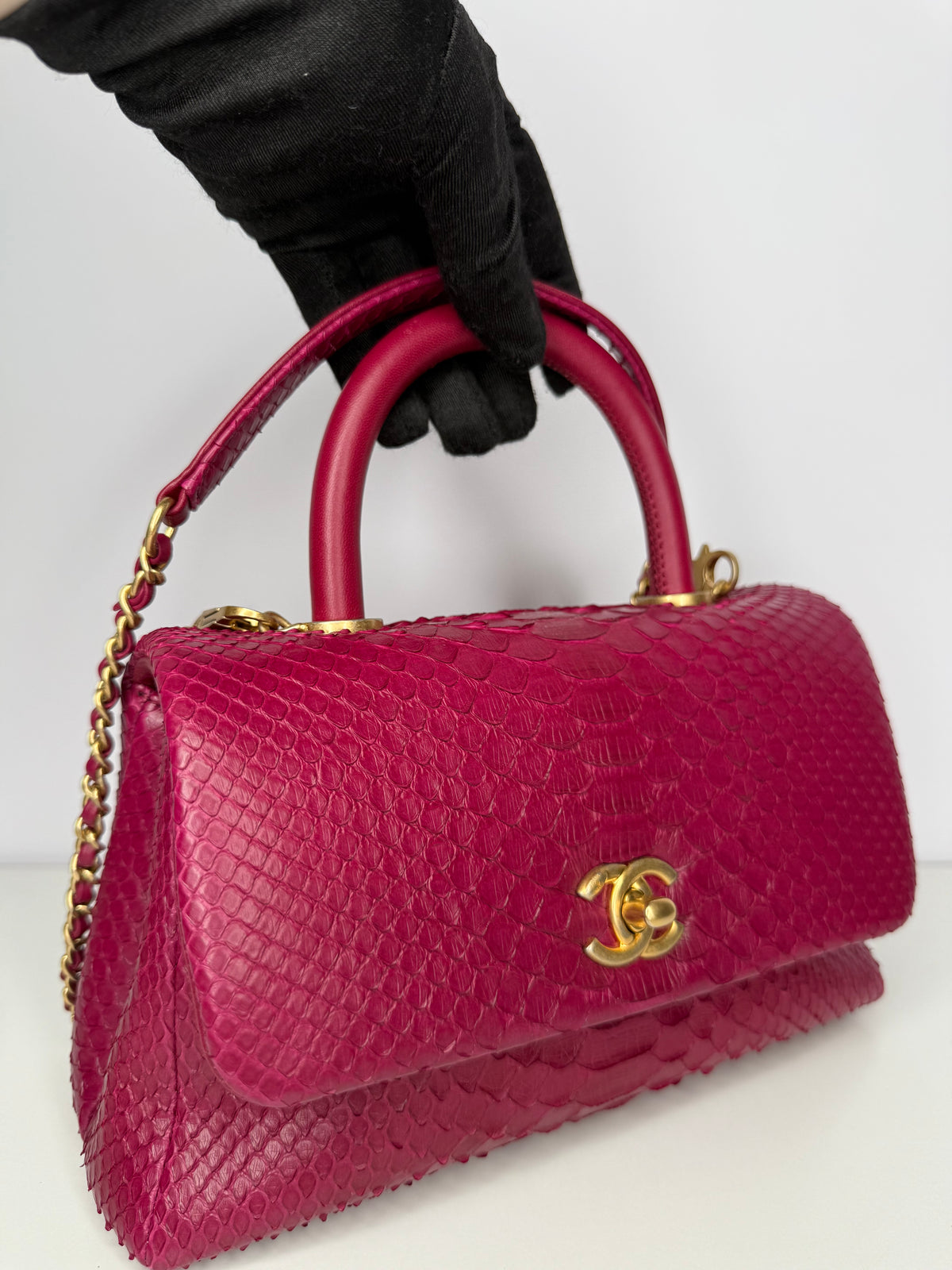 Chanel Small Fuchsia Python Coco Top Handle Bag