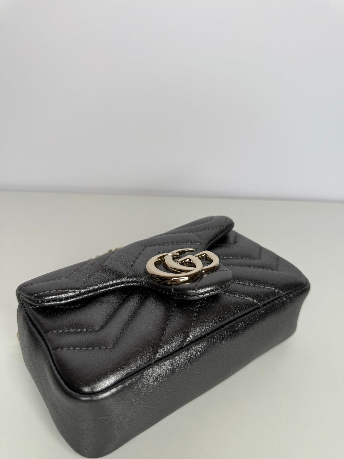 Gucci Calfskin Matelasse Super Mini GG Marmont Shoulder Bag Dark Gray