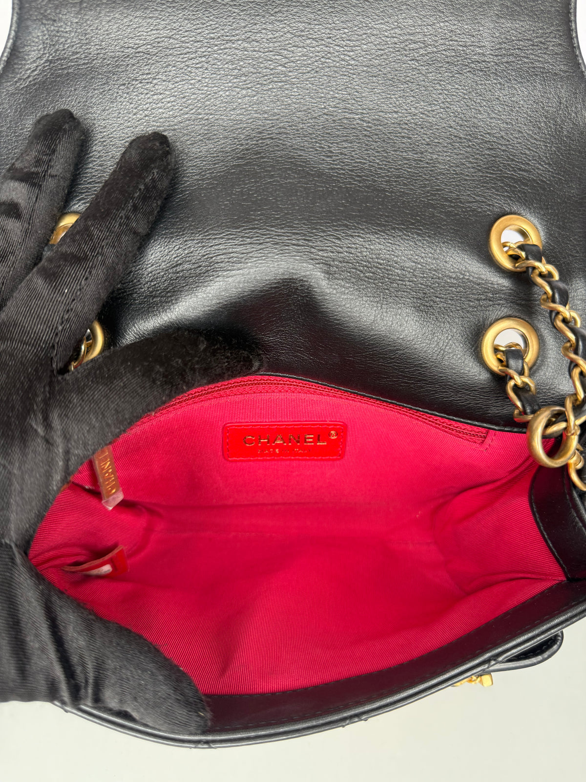 Chanel Logo Enchained Black Quilted Calfskin Flap Bag