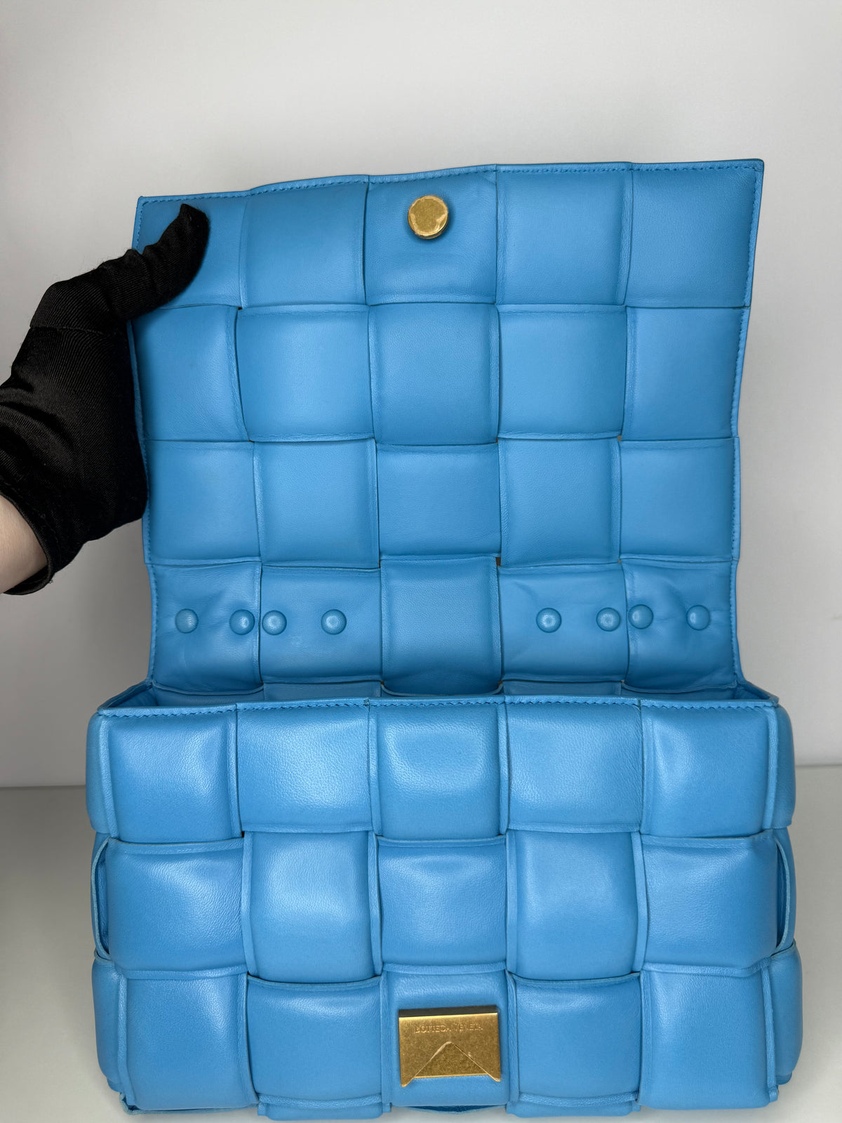 Bottega Veneta Blue Lambskin Maxi Intreccio Padded Chain Cassette Crossbody Bag