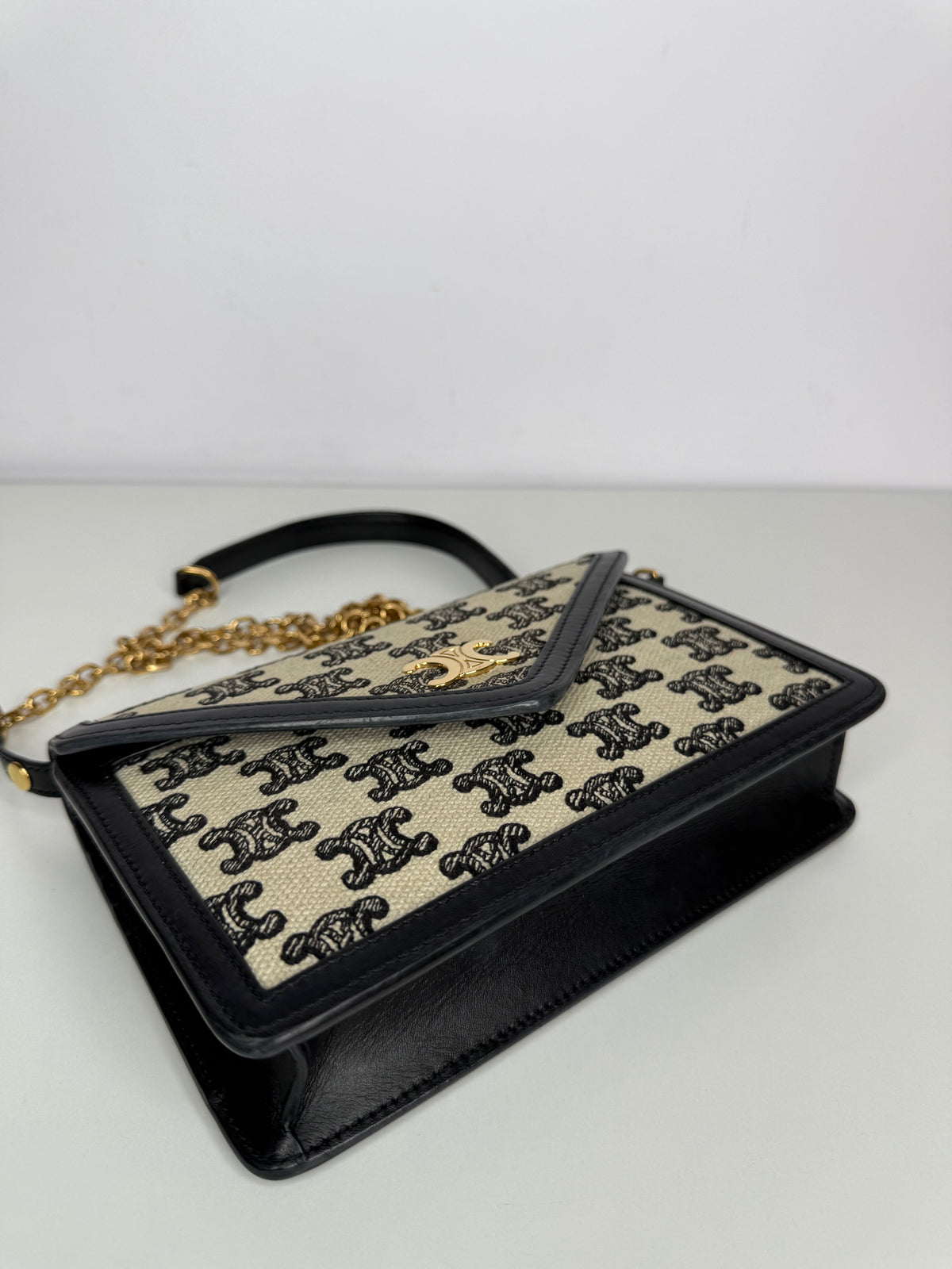 Celine Maillon Triomphe Canvas Wallet on Chain in Black and White
