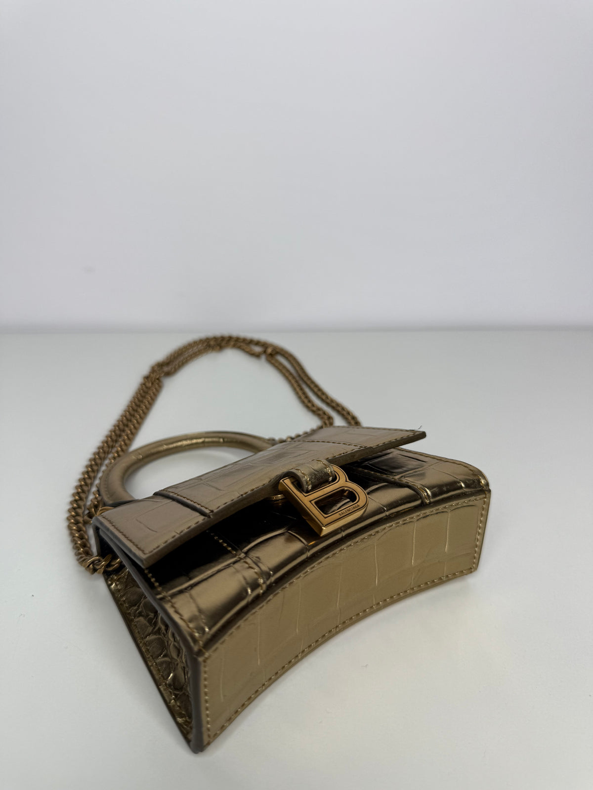 Balenciaga Gold Croc Embossed Hourglass Nano Top Handle Bag