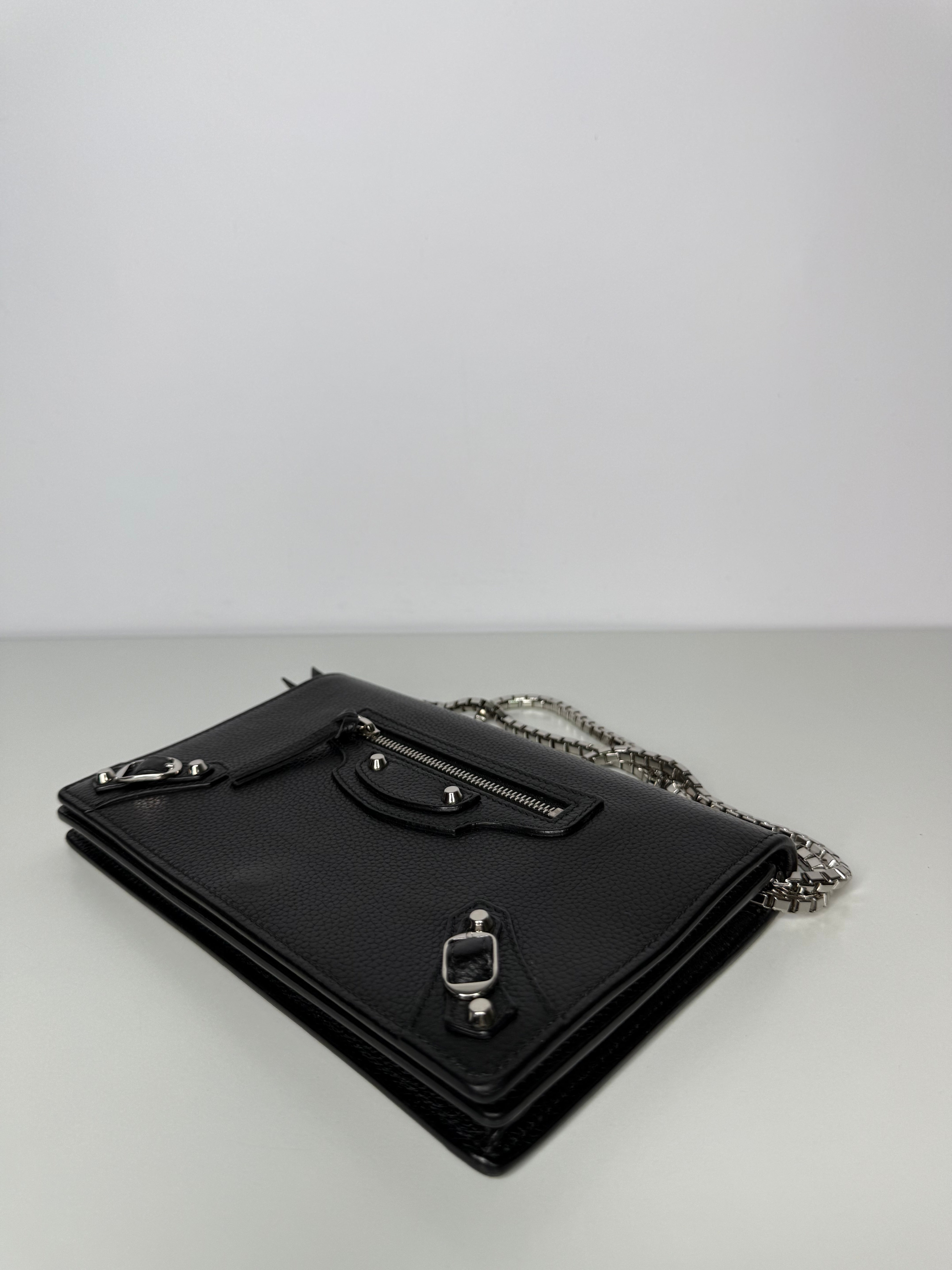 Balenciaga Grained Black Calfskin Silver Hardware Wallet on Chain